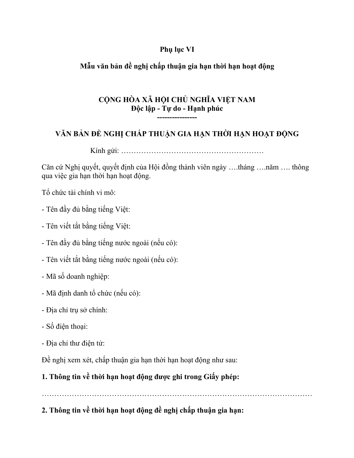 MẪU VĂN BẢN ĐỀ NGHỊ CHẤP THUẬN GIA HẠN THỜI HẠN HOẠT ĐỘNG CỦA TỔ CHỨC TÀI CHÍNH VI MÔ