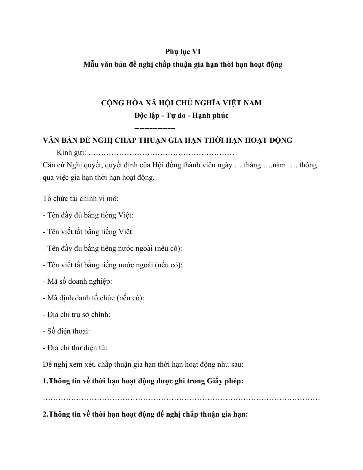 MẪU VĂN BẢN ĐỀ NGHỊ CHẤP THUẬN GIA HẠN THỜI HẠN HOẠT ĐỘNG CỦA TỔ CHỨC TÀI CHÍNH VI MÔ