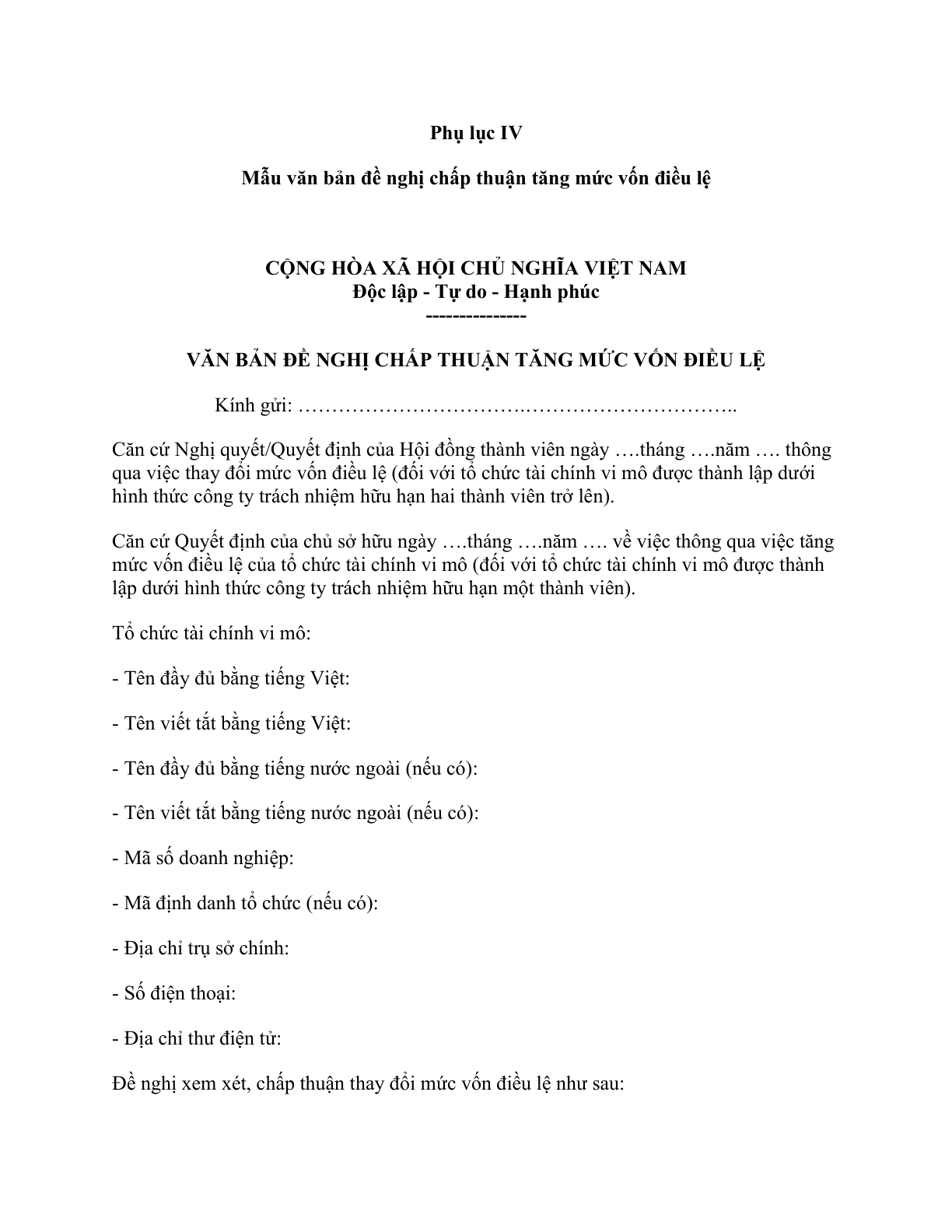 MẪU VĂN BẢN ĐỀ NGHỊ CHẤP THUẬN TĂNG MỨC VỐN ĐIỀU LỆ CỦA TỔ CHỨC TÀI CHÍNH VI MÔ