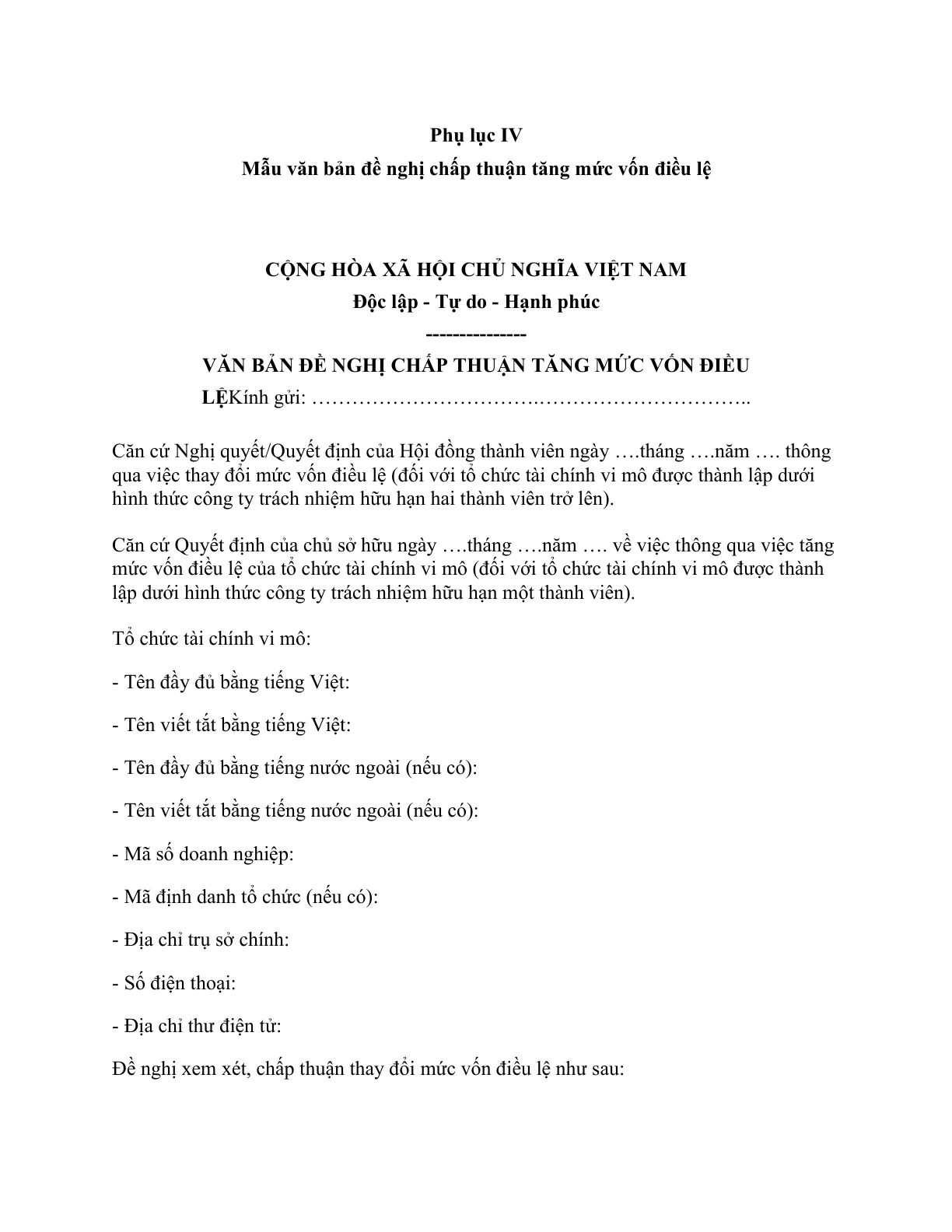 MẪU VĂN BẢN ĐỀ NGHỊ CHẤP THUẬN TĂNG MỨC VỐN ĐIỀU LỆ CỦA TỔ CHỨC TÀI CHÍNH VI MÔ