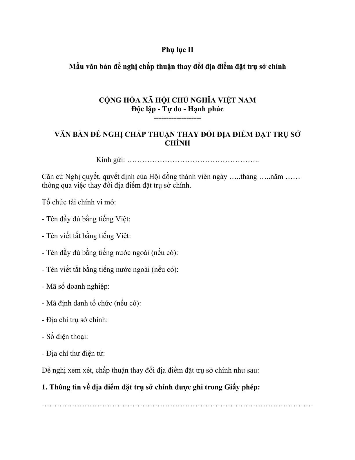 MẪU VĂN BẢN ĐỀ NGHỊ CHẤP THUẬN THAY ĐỔI ĐỊA ĐIỂM ĐẶT TRỤ SỞ CHÍNH CỦA TỔ CHỨC TÀI CHÍNH VI MÔ