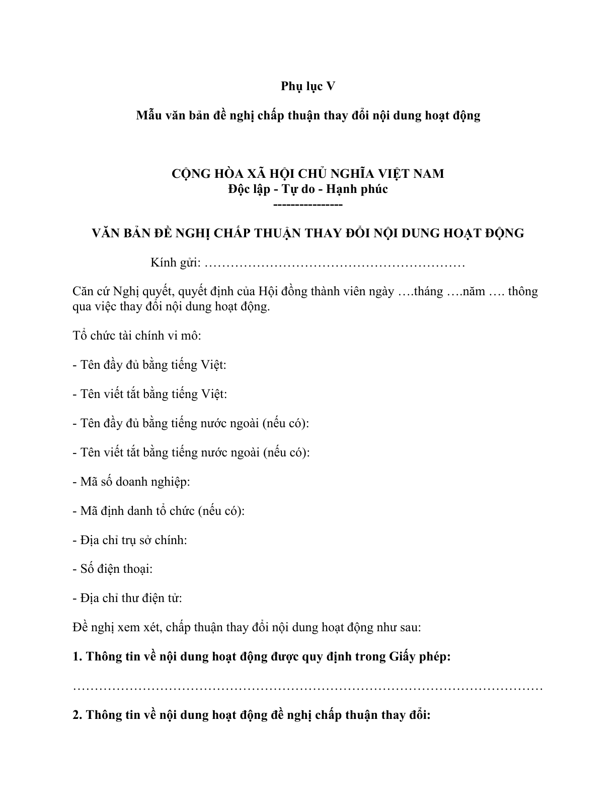 MẪU VĂN BẢN ĐỀ NGHỊ CHẤP THUẬN THAY ĐỔI NỘI DUNG HOẠT ĐỘNG CỦA TỔ CHỨC TÀI CHÍNH VI MÔ