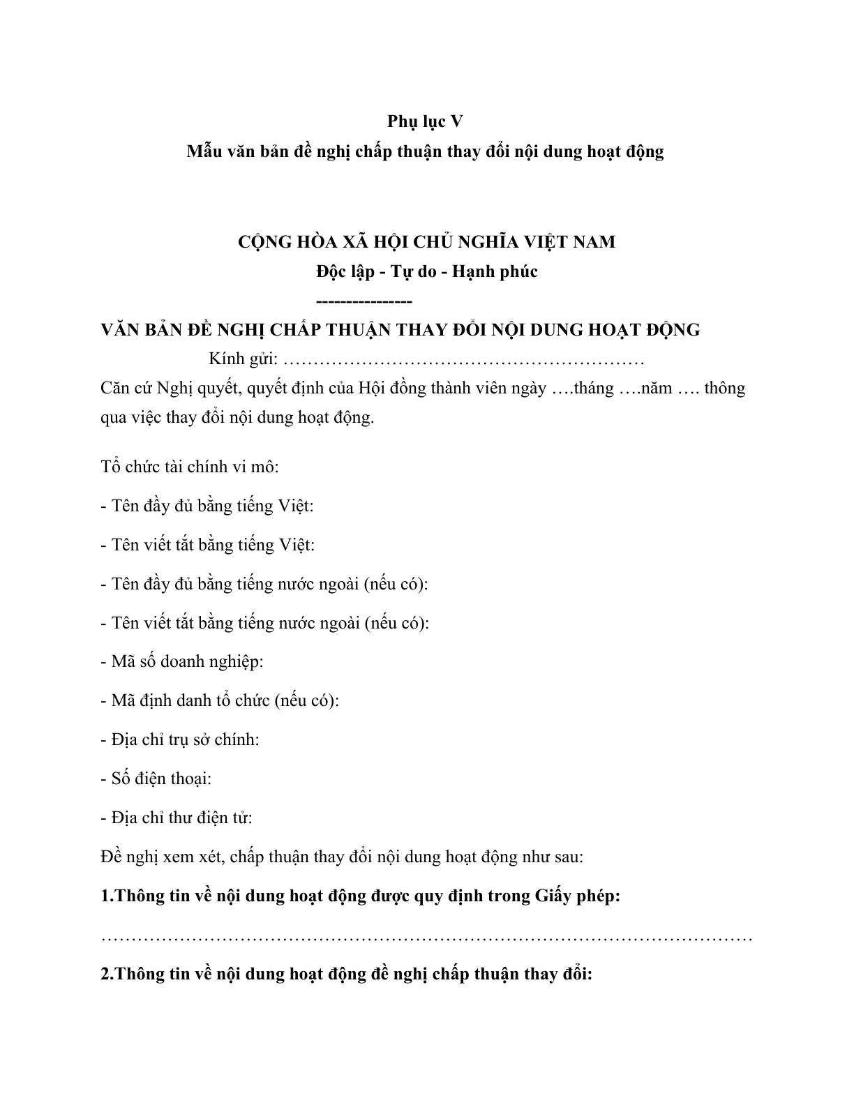 MẪU VĂN BẢN ĐỀ NGHỊ CHẤP THUẬN THAY ĐỔI NỘI DUNG HOẠT ĐỘNG CỦA TỔ CHỨC TÀI CHÍNH VI MÔ