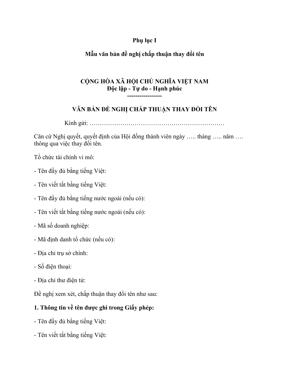 MẪU VĂN BẢN ĐỀ NGHỊ CHẤP THUẬN THAY ĐỔI TÊN CỦA TỔ CHỨC TÀI CHÍNH VI MÔ