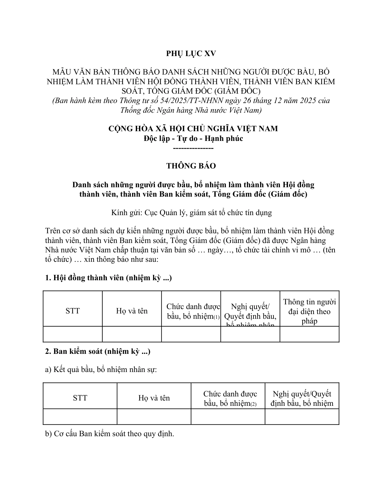 MẪU VĂN BẢN THÔNG BÁO DANH SÁCH NHỮNG NGƯỜI ĐƯỢC BẦU, BỔ NHIỆM LÀM THÀNH VIÊN HỘI ĐỒNG THÀNH VIÊN, THÀNH VIÊN BAN KIỂM SOÁT, TỔNG GIÁM ĐỐC (GIÁM ĐỐC) CỦA TỔ CHỨC TÀI CHÍNH VI MÔ