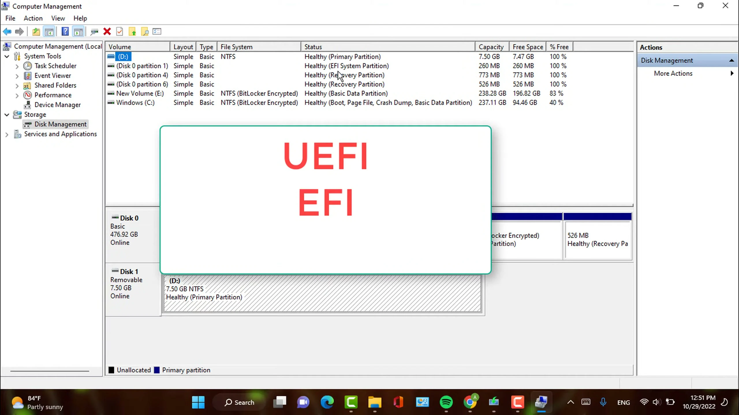 Con trỏ chuột đang chỉ vào phân vùng EFI System trong cửa sổ Disk Management tại giây 00:01:25