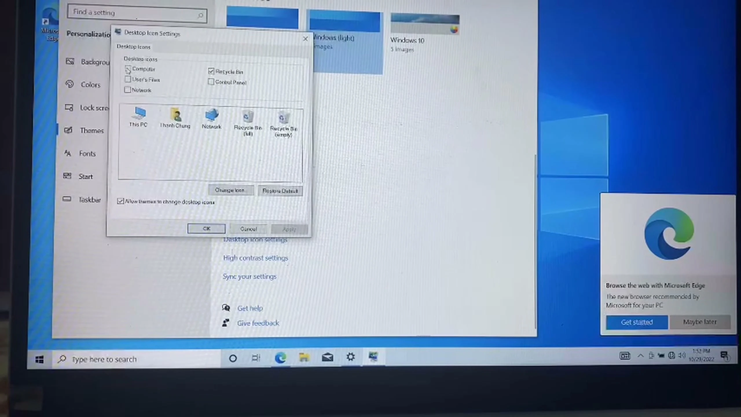 Cửa sổ Desktop Icon Settings với các dấu tích xanh tại ô Computer, User's Files, Network tại giây 00:12:18