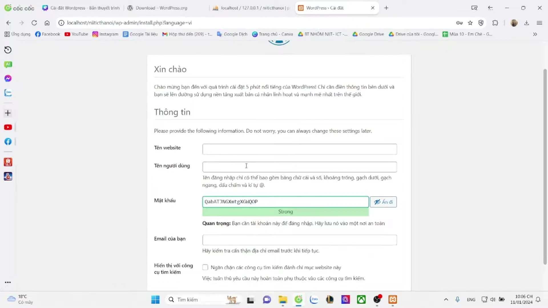 Màn hình cài đặt WordPress hiển thị các ô nhập liệu cho tên website, tên đăng nhập và mật khẩu quản trị