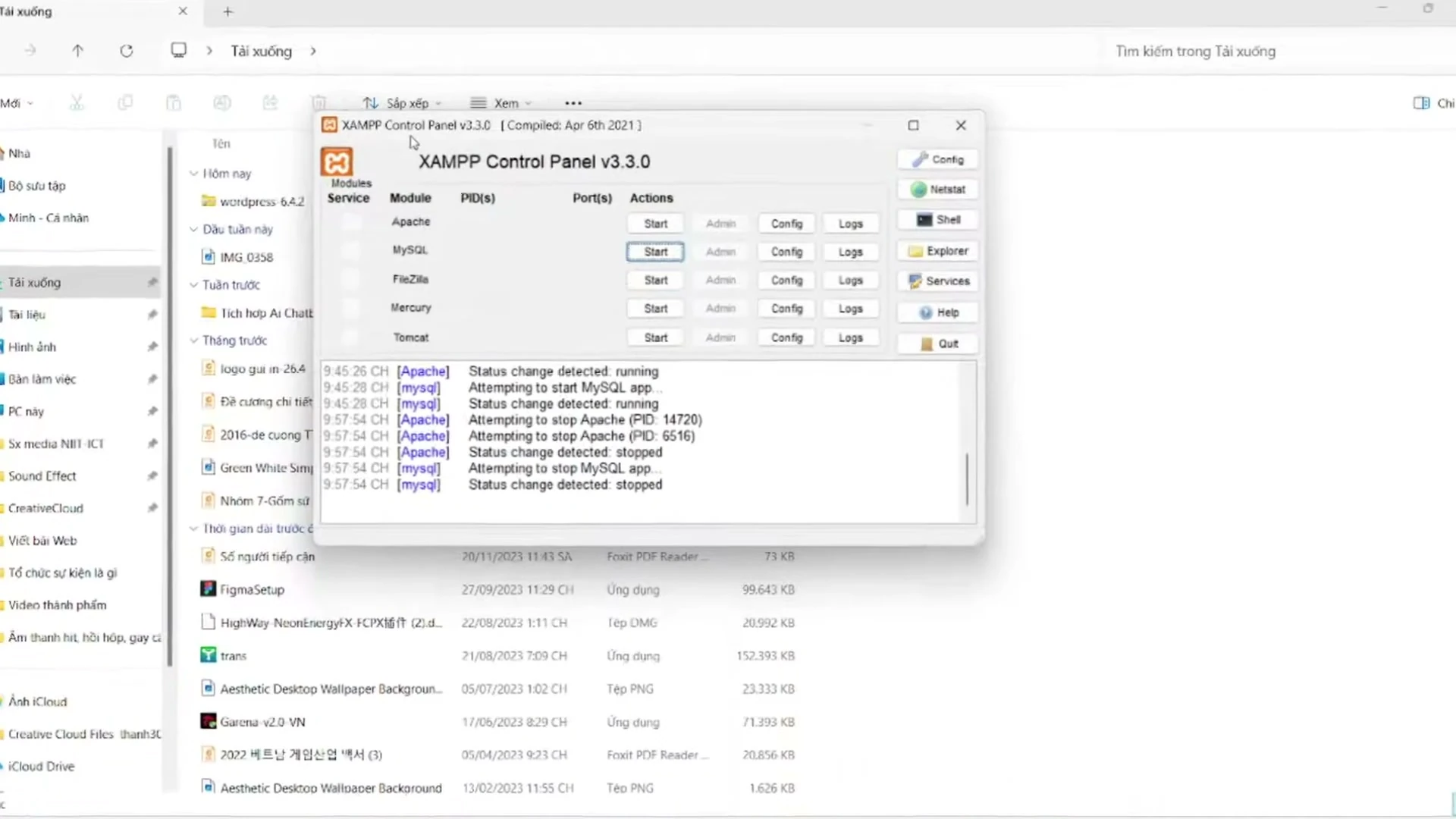 Thao tác nhấn nút Start trên bảng điều khiển XAMPP Control Panel để chạy dịch vụ máy chủ