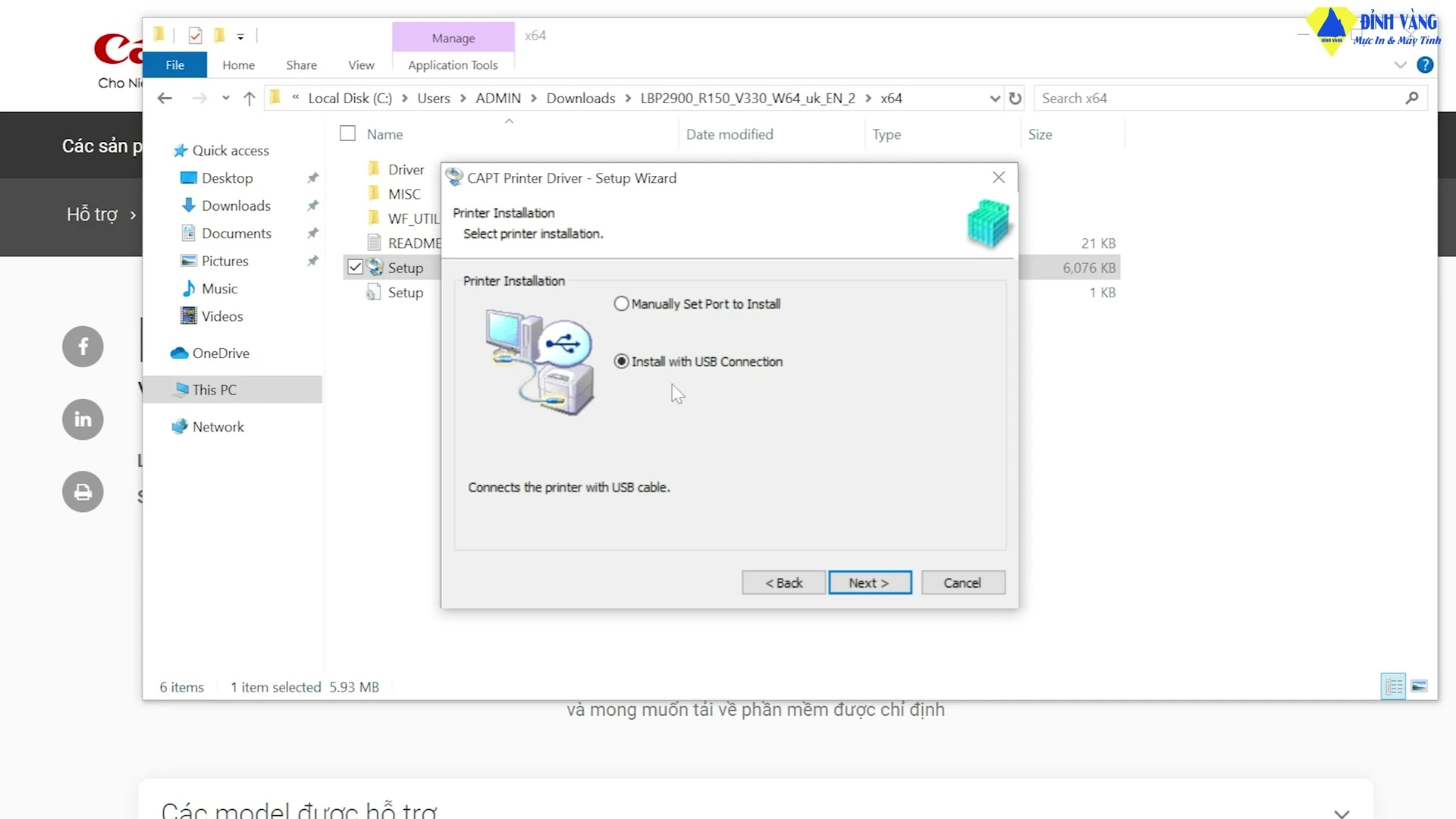 Hộp thoại CAPT Setup Wizard hiển thị tùy chọn Install with USB Connection được tích chọn