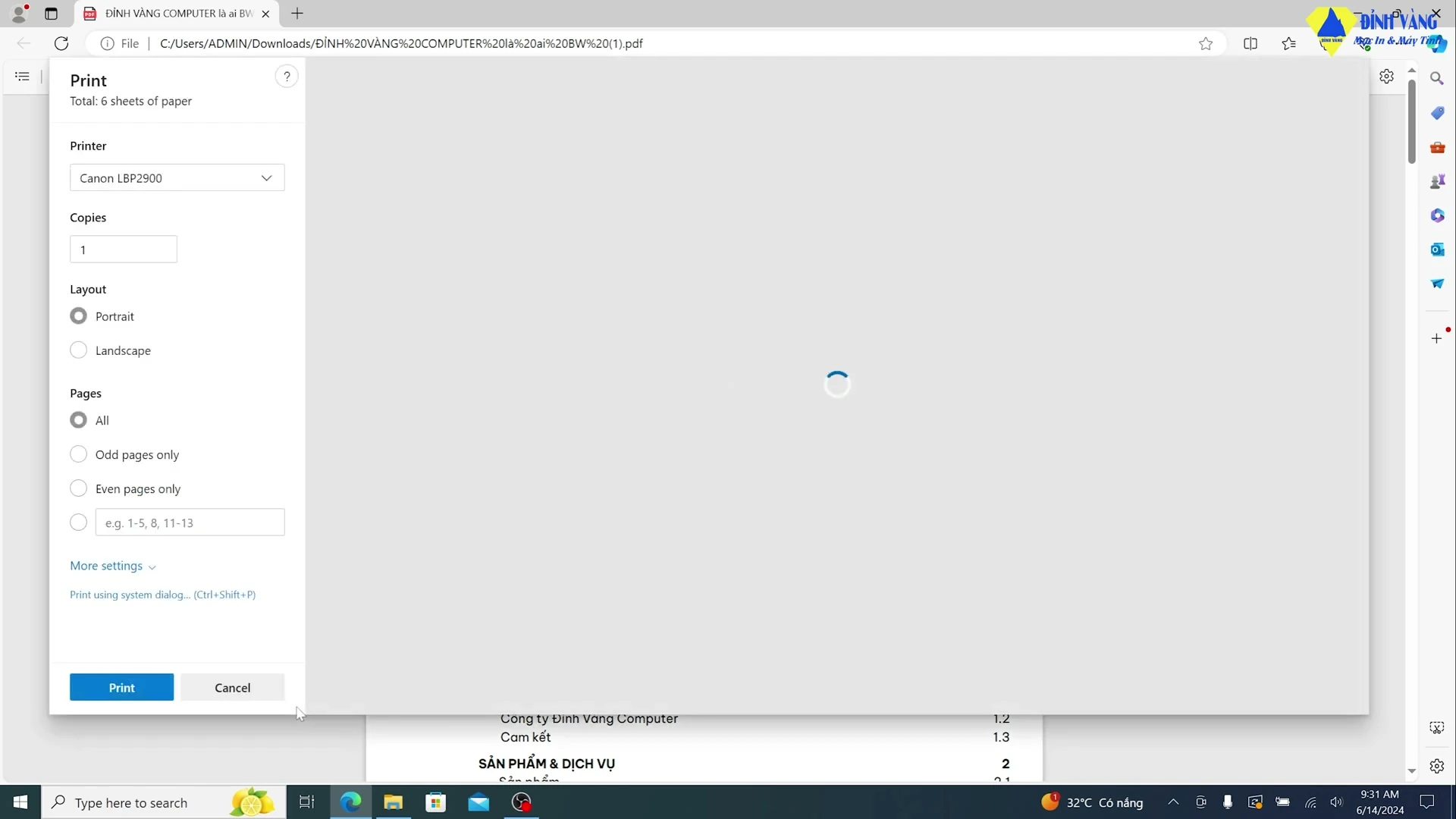 Giao diện Print của trình xem PDF với máy in Canon LBP 2900 đang được chọn để in