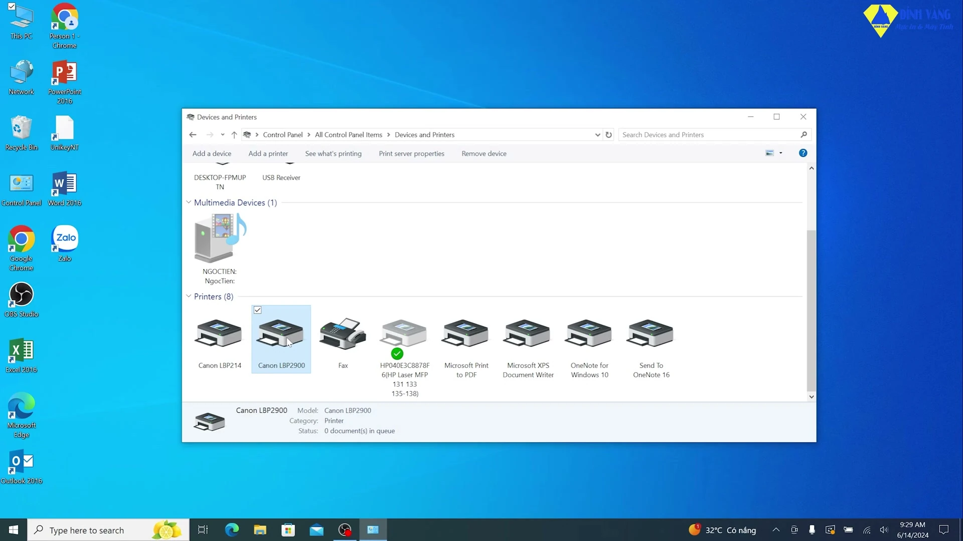 Menu chuột phải trên biểu tượng máy in Canon LBP 2900 hiển thị dòng Set as default printer