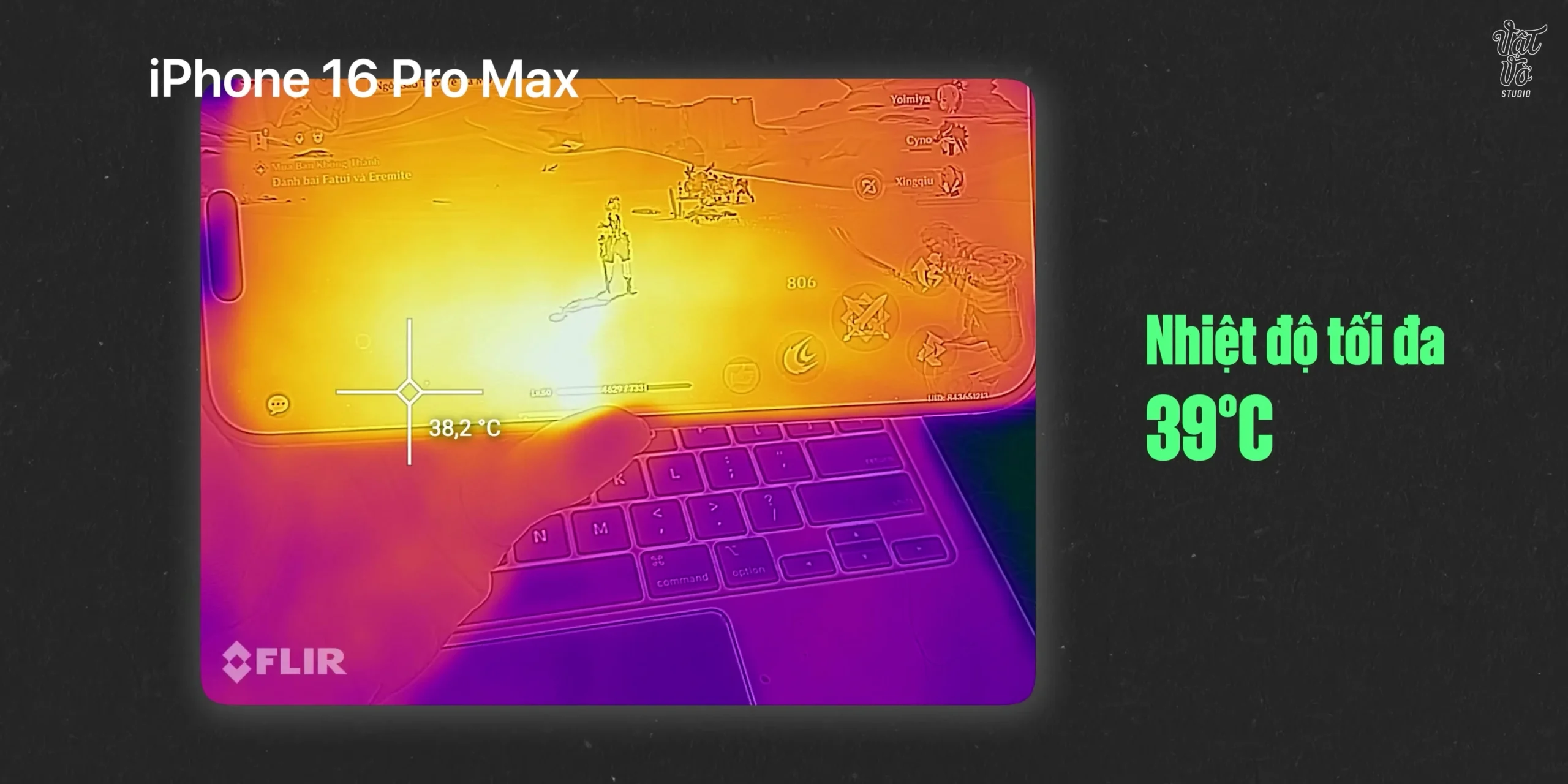 Biểu đồ đo nhiệt độ iPhone 16 Pro Max khi chơi game nặng tại 00:08:42