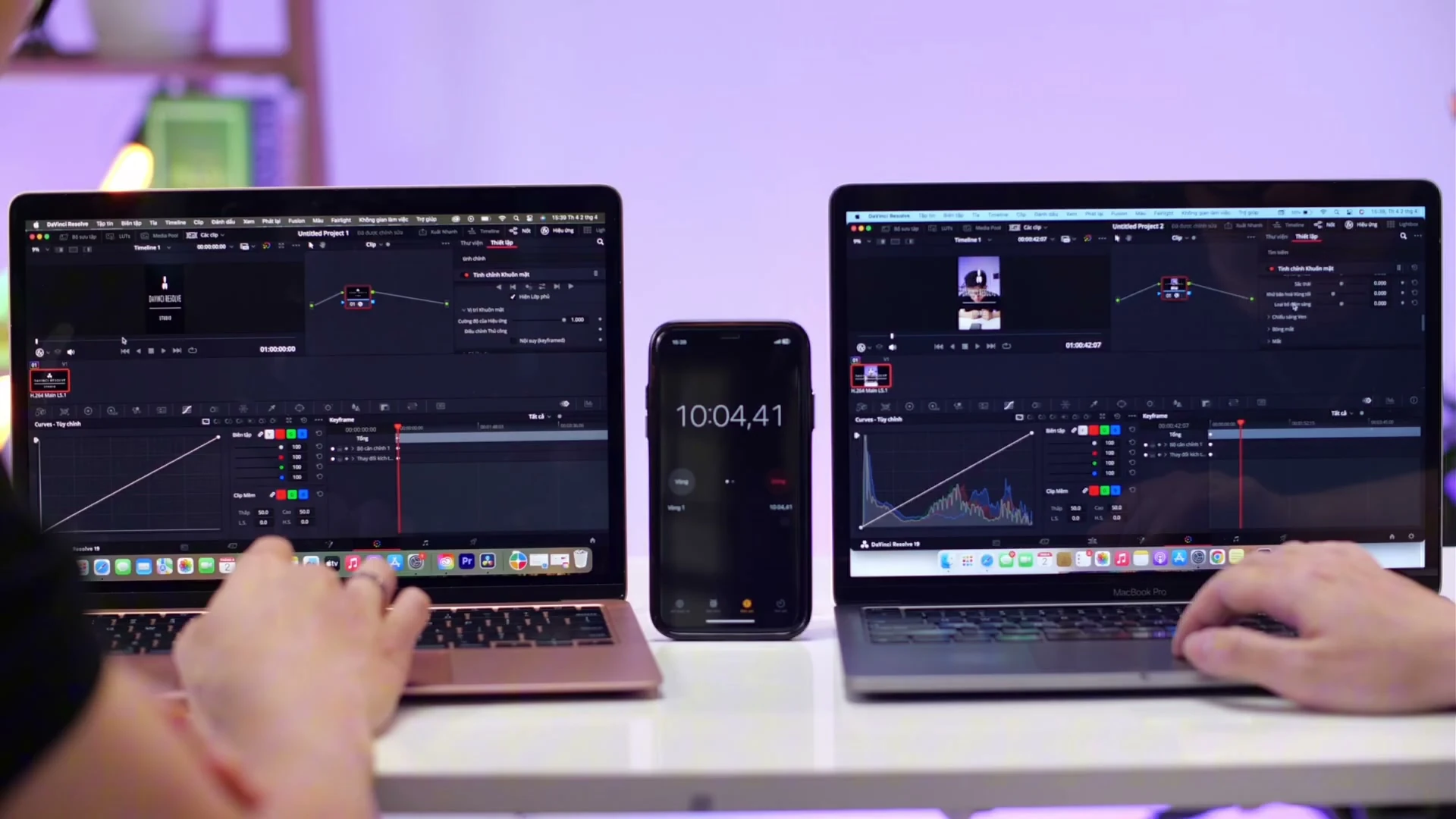 Màn hình hiển thị kết quả đo nhiệt độ chênh lệch giữa MacBook Air và Pro khi đang render video trên phần mềm Davinci Resolve