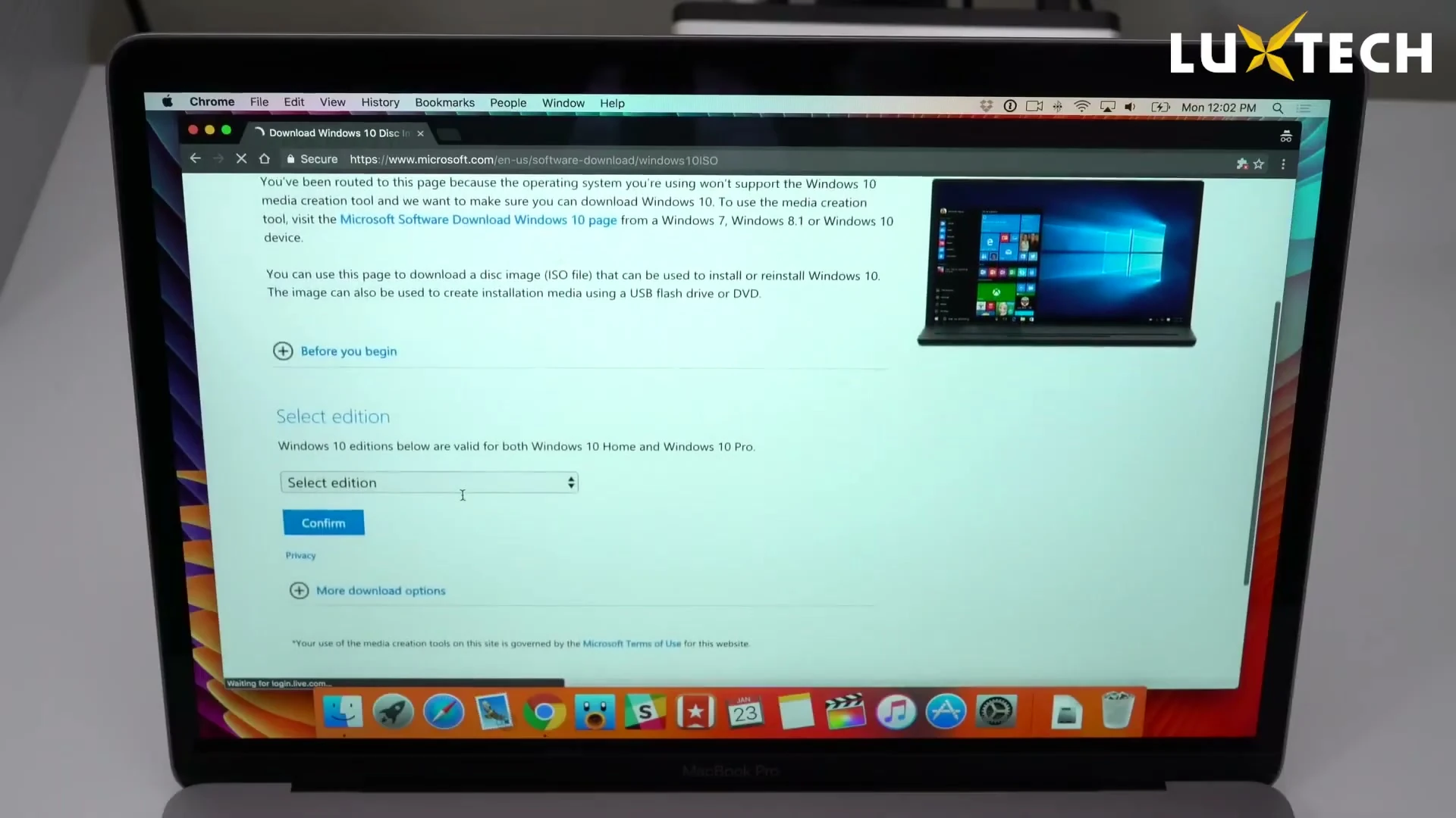 Trình duyệt Chrome trên Macbook đang mở trang tải Windows 10 ISO của Microsoft