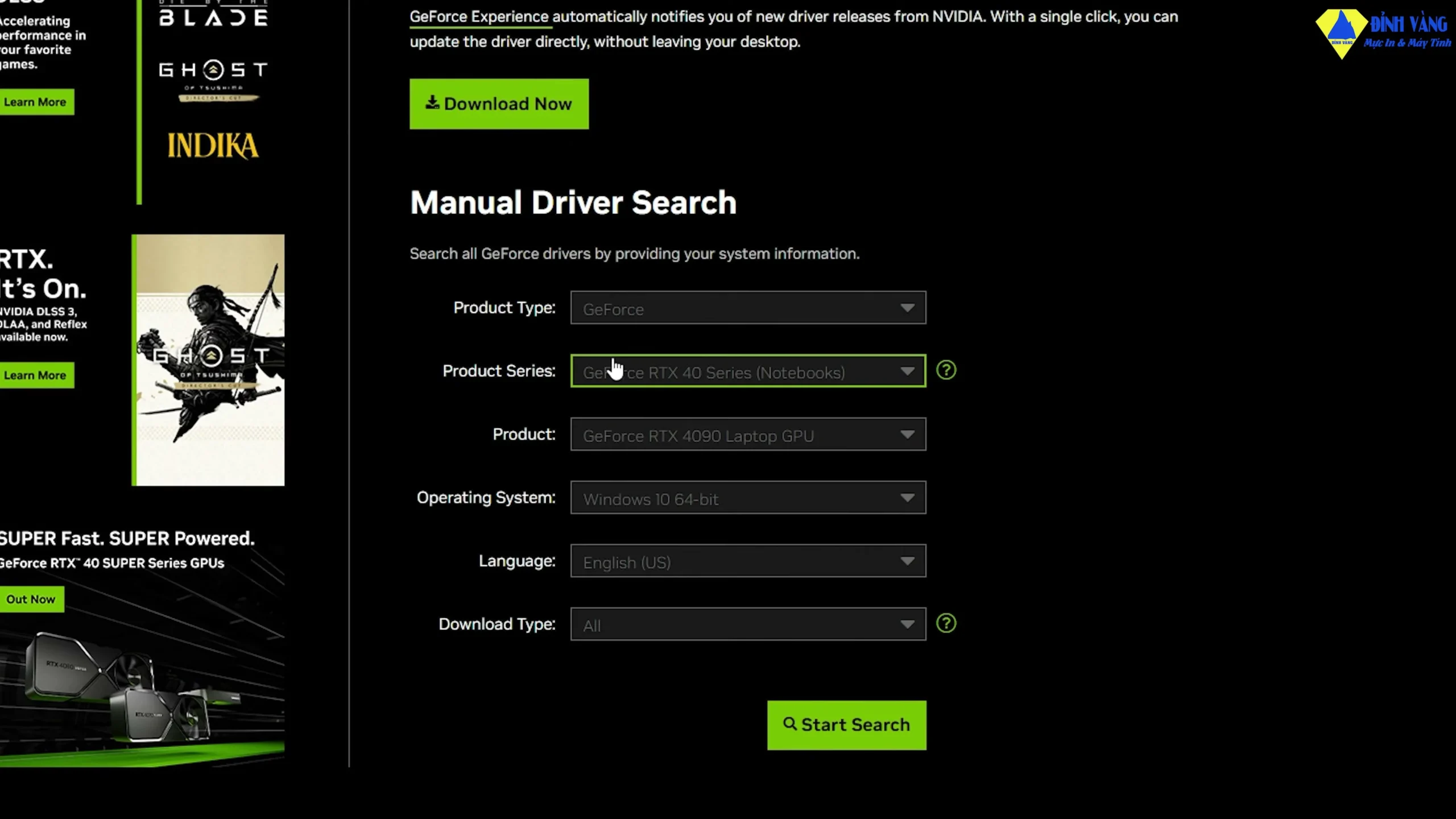 Giao diện chọn cấu hình card màn hình trên website NVIDIA