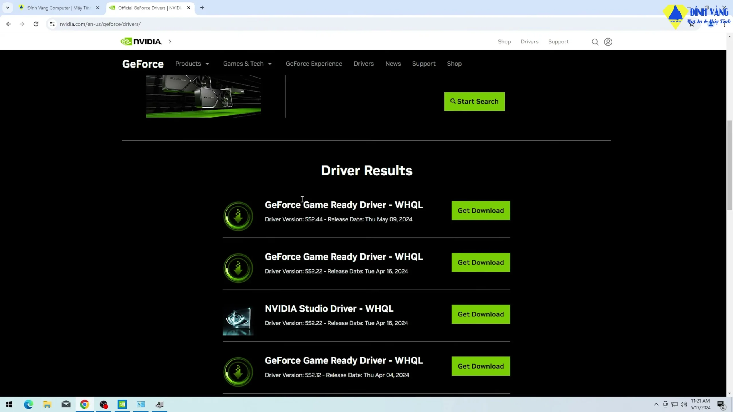 Màn hình lựa chọn giữa Game Ready và Studio Driver