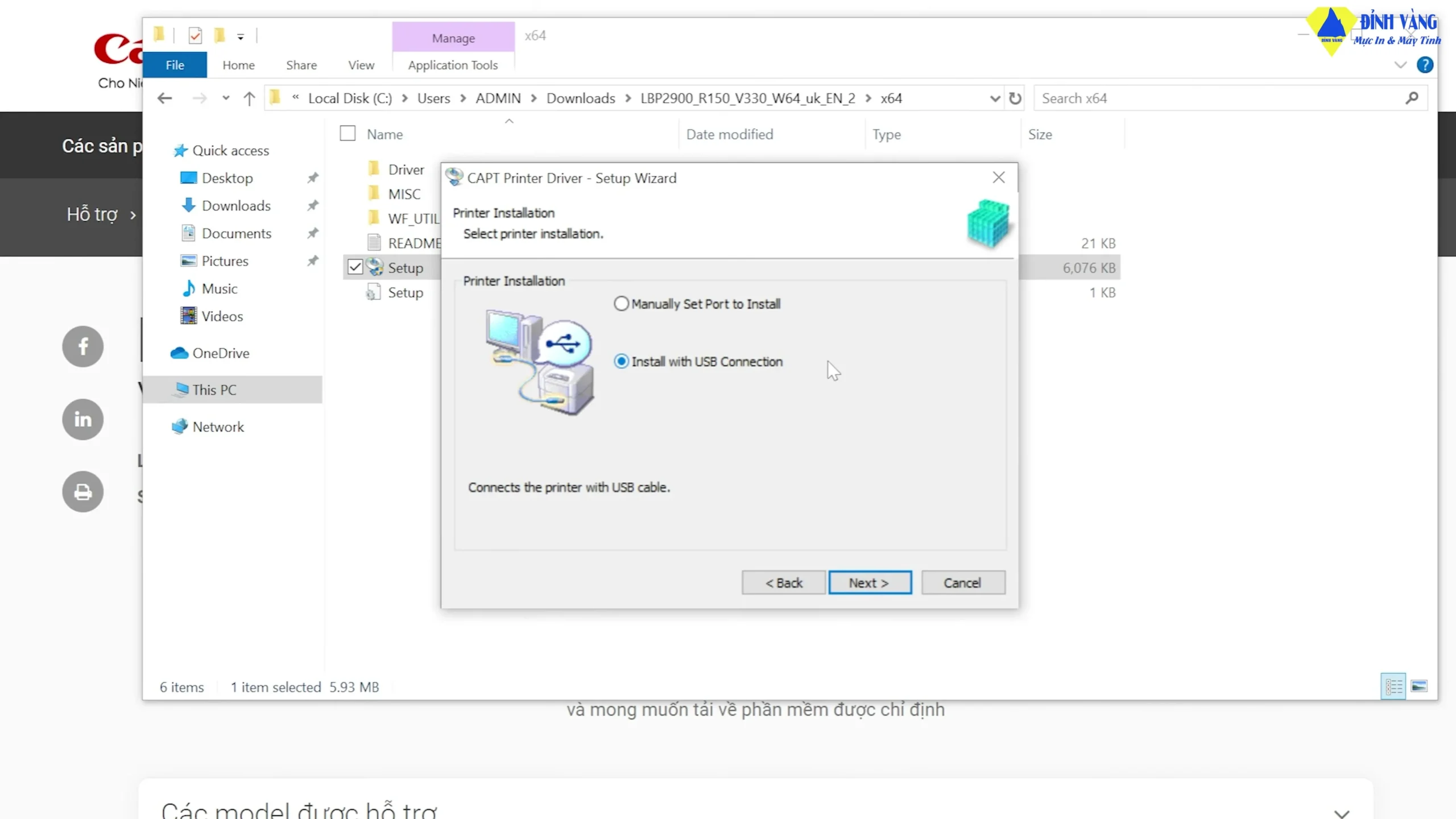 Lựa chọn phương thức kết nối USB trong Install