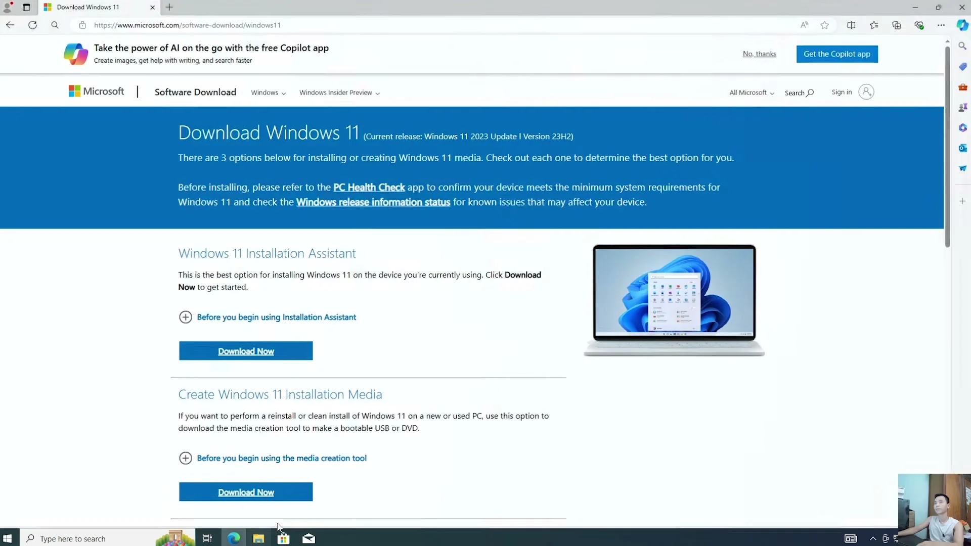 Trình duyệt web hiển thị trang tải Windows 11 chính thức