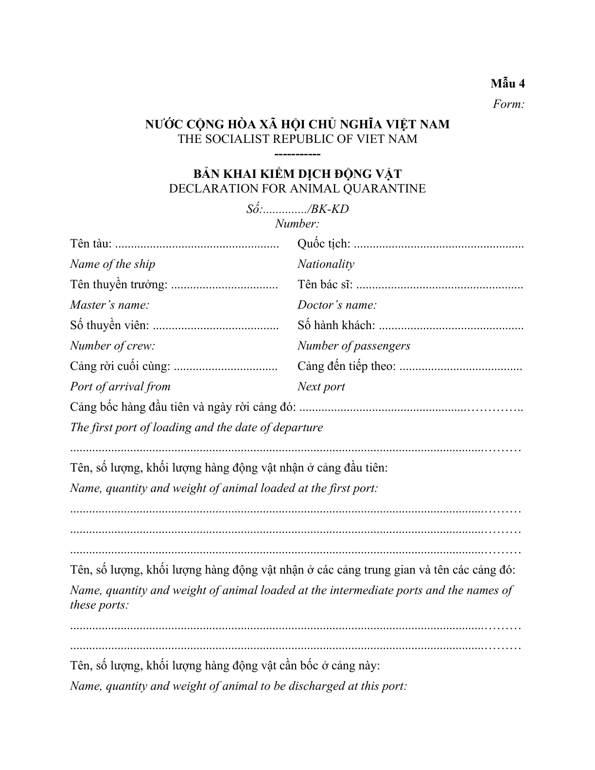 MẪU BẢN KHAI KIỂM DỊCH ĐỘNG VẬT TRÊN CẠN