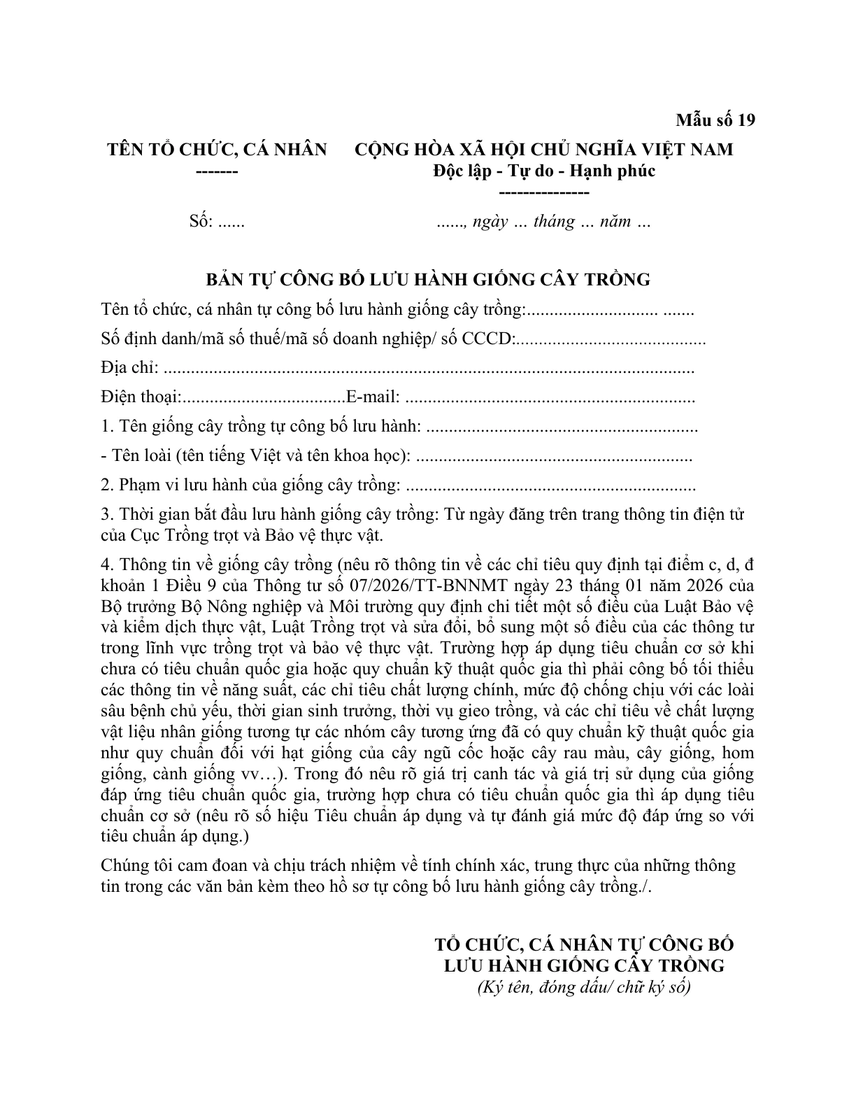 MẪU BẢN TỰ CÔNG BỐ LƯU HÀNH GIỐNG CÂY TRỒNG
