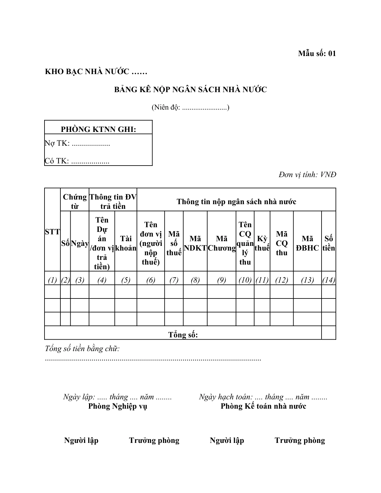 MẪU BẢNG KÊ NỘP NGÂN SÁCH NHÀ NƯỚC KHO BẠC NHÀ NƯỚC