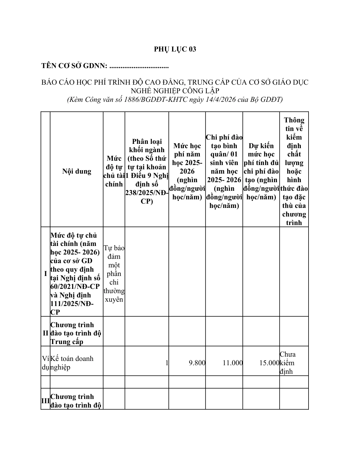 MẪU BÁO CÁO HỌC PHÍ TRÌNH ĐỘ CAO ĐẲNG, TRUNG CẤP CỦA CƠ SỞ GIÁO DỤC NGHỀ NGHIỆP CÔNG LẬP