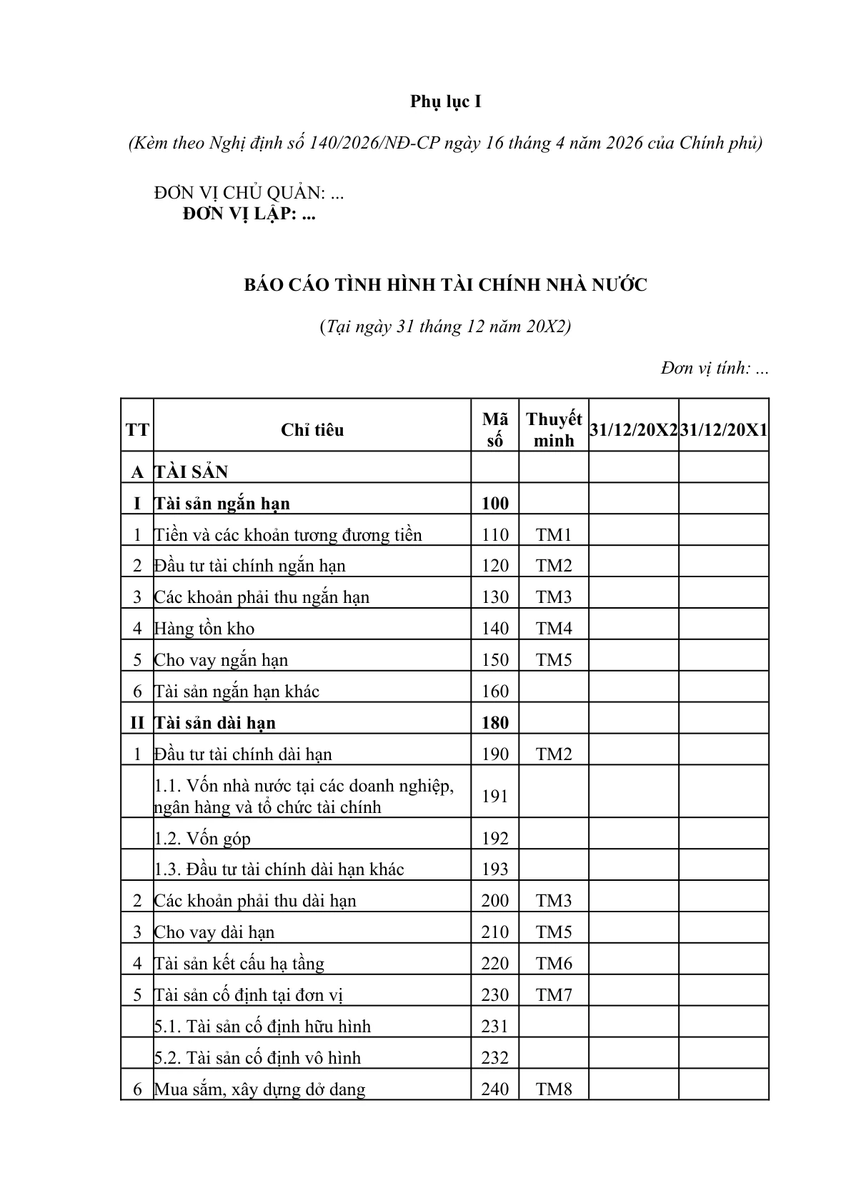 MẪU BÁO CÁO TÌNH HÌNH TÀI CHÍNH NHÀ NƯỚC (TẠI NGÀY 31 THÁNG 12 NĂM 20X2)