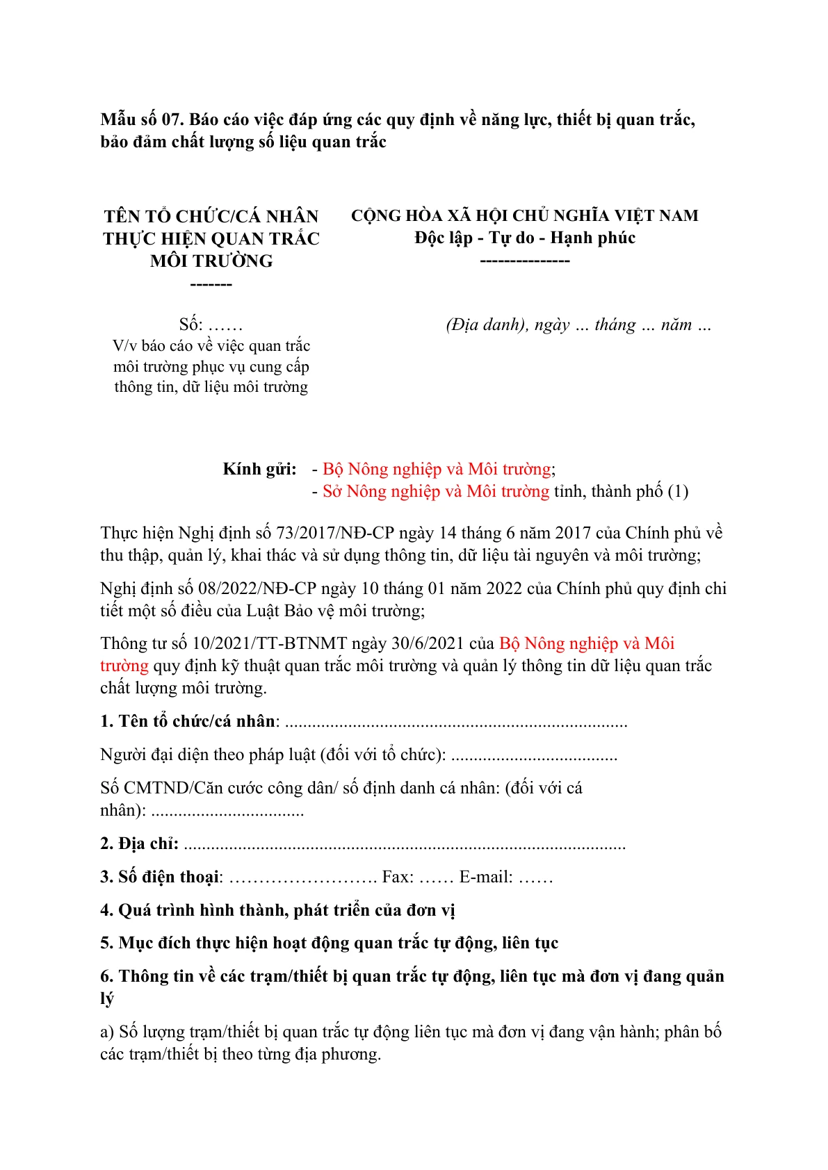 MẪU CÔNG VĂN BÁO CÁO VIỆC ĐÁP ỨNG CÁC QUY ĐỊNH VỀ NĂNG LỰC, THIẾT BỊ QUAN TRẮC, BẢO ĐẢM CHẤT LƯỢNG SỐ LIỆU QUAN TRẮC