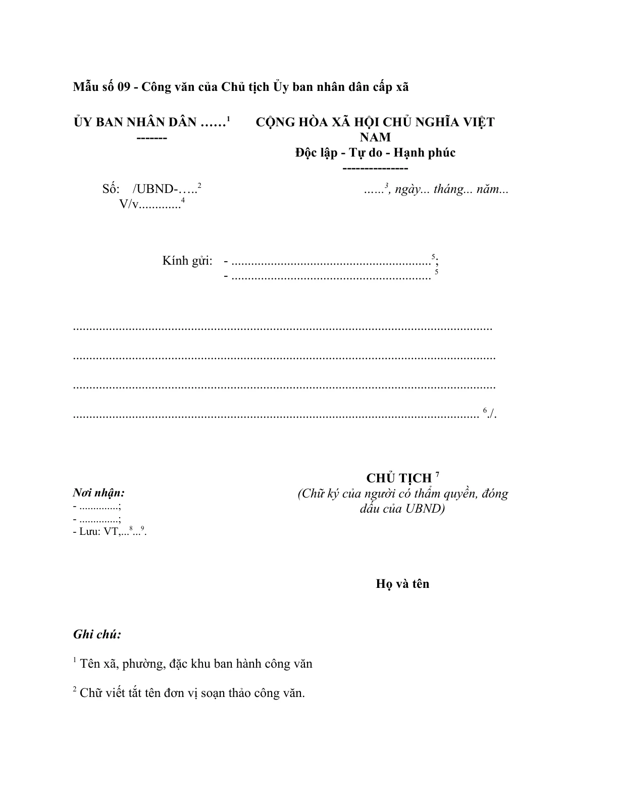 MẪU CÔNG VĂN CỦA CHỦ TỊCH ỦY BAN NHÂN DÂN CẤP XÃ