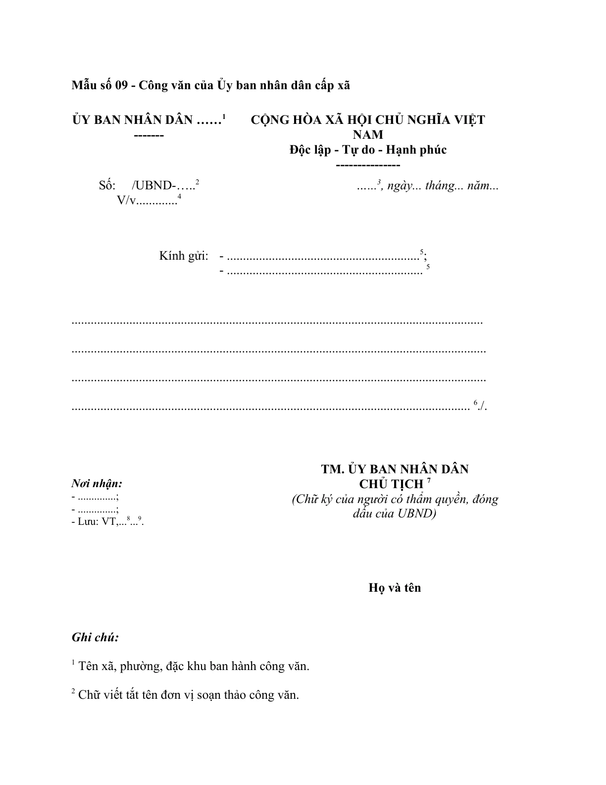 MẪU CÔNG VĂN CỦA ỦY BAN NHÂN DÂN CẤP XÃ