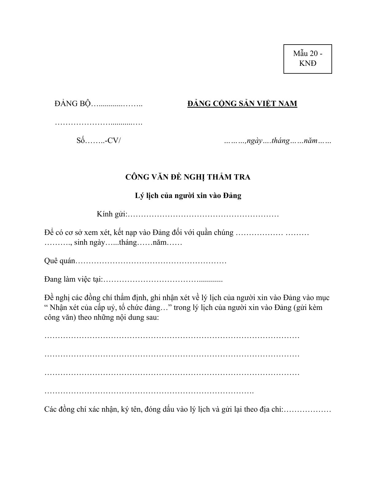 MẪU CÔNG VĂN ĐỀ NGHỊ THẨM TRA LÝ LỊCH CỦA NGƯỜI XIN VÀO ĐẢNG (ĐỐI VỚI HỌC SINH, SINH VIÊN)