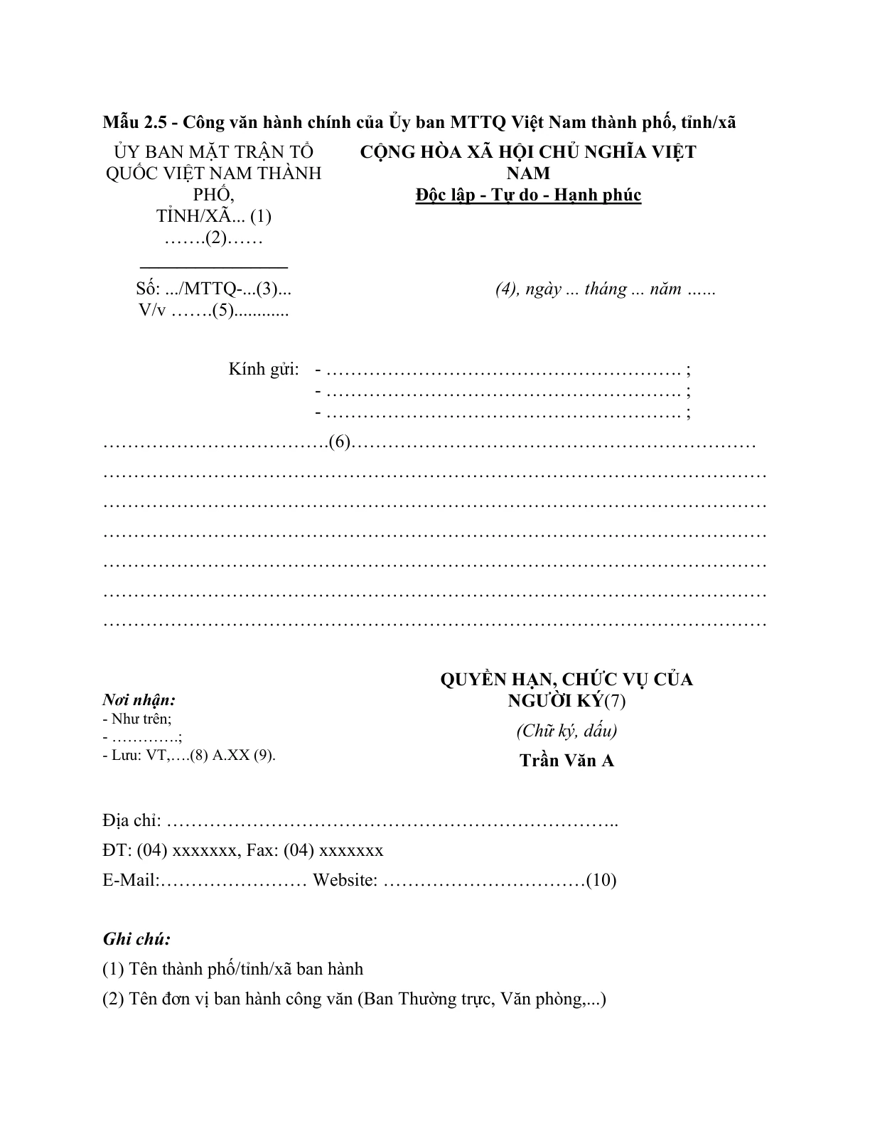 MẪU CÔNG VĂN HÀNH CHÍNH CỦA ỦY BAN MẶT TRẬN TỔ QUỐC VIỆT NAM THÀNH PHỐ, TỈNH/XÃ