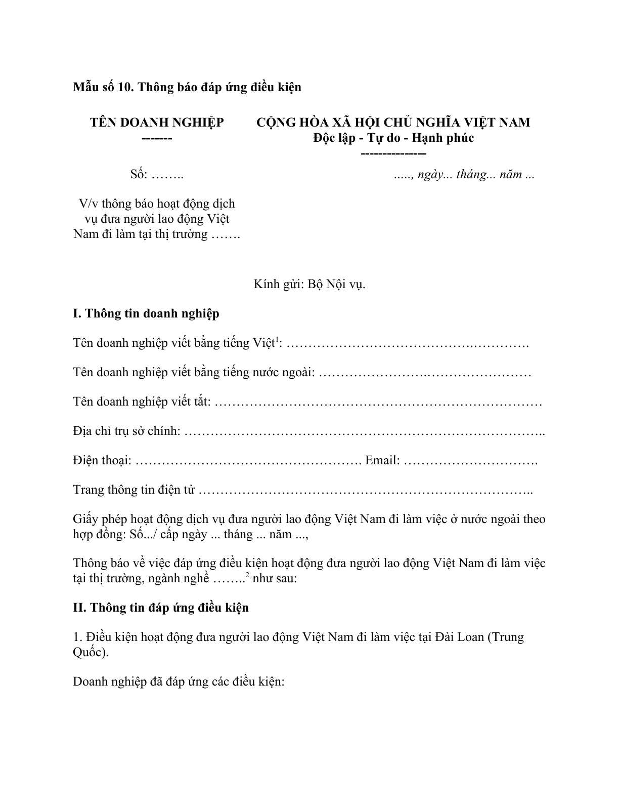 MẪU CÔNG VĂN THÔNG BÁO ĐÁP ỨNG ĐIỀU KIỆN THỊ TRƯỜNG, NGÀNH, NGHỀ (ĐỐI VỚI HOẠT ĐỘNG DỊCH VỤ ĐƯA NGƯỜI LAO ĐỘNG VIỆT NAM ĐI LÀM VIỆC Ở NƯỚC NGOÀI THEO HỢP ĐỒNG)