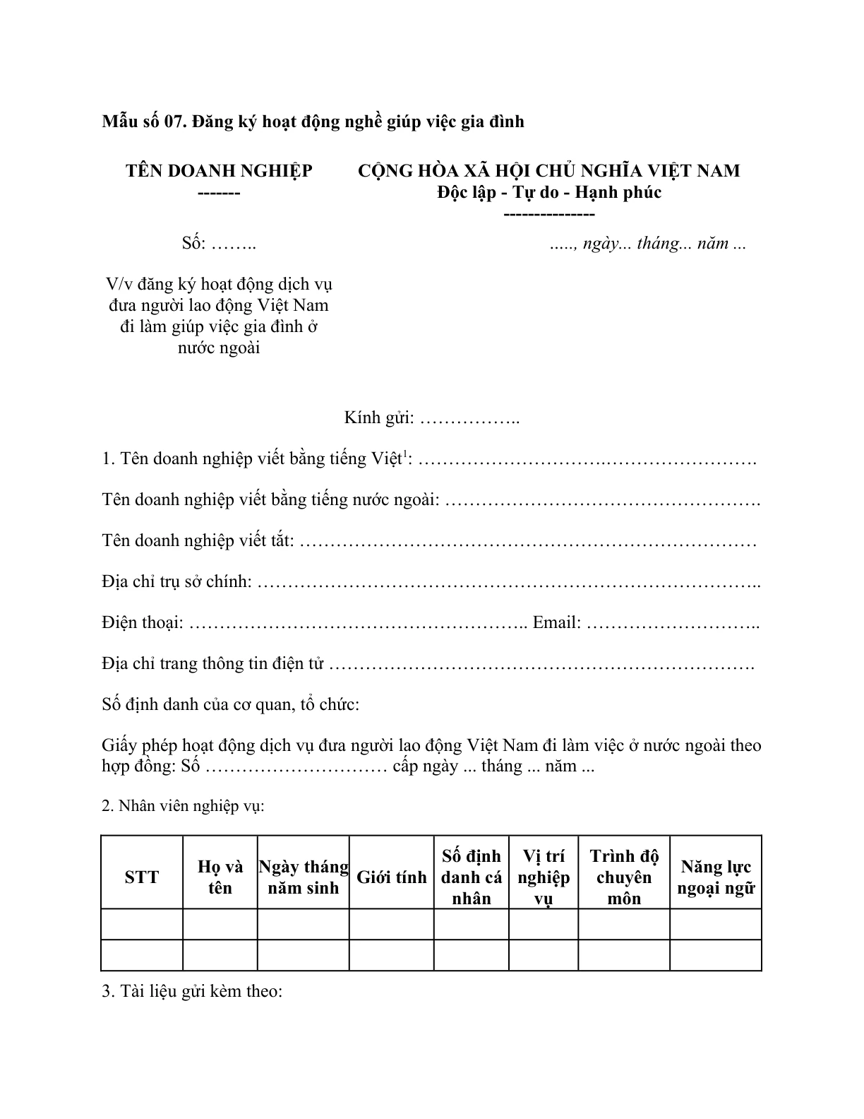 MẪU CÔNG VĂN VỀ VIỆC ĐĂNG KÝ HOẠT ĐỘNG DỊCH VỤ ĐƯA NGƯỜI LAO ĐỘNG VIỆT NAM ĐI LÀM GIÚP VIỆC GIA ĐÌNH Ở NƯỚC NGOÀI