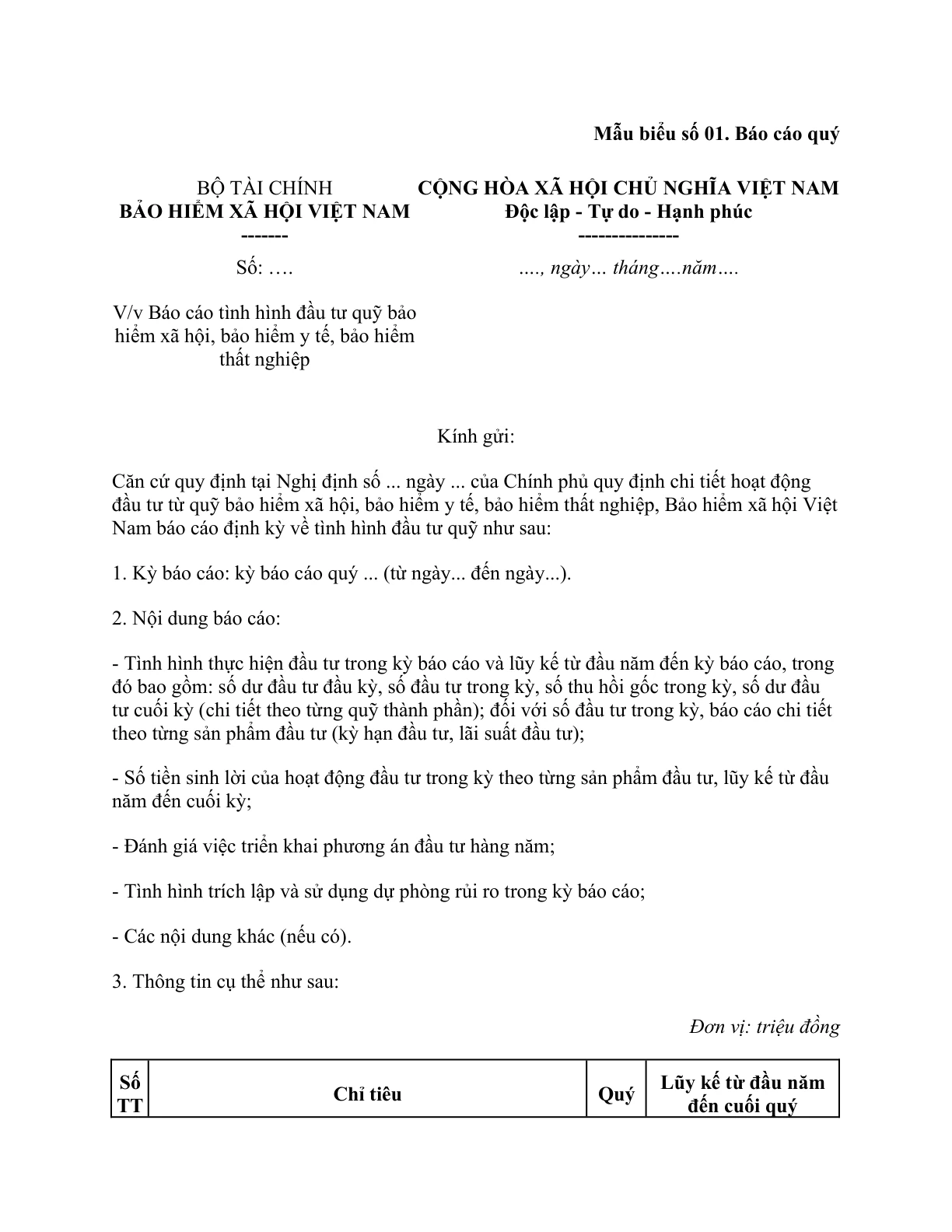 MẪU CÔNG VĂN VỀ VIỆC BÁO CÁO TÌNH HÌNH ĐẦU TƯ QUỸ BẢO HIỂM XÃ HỘI, BẢO HIỂM Y TẾ, BẢO HIỂM THẤT NGHIỆP (BÁO CÁO QUÝ)