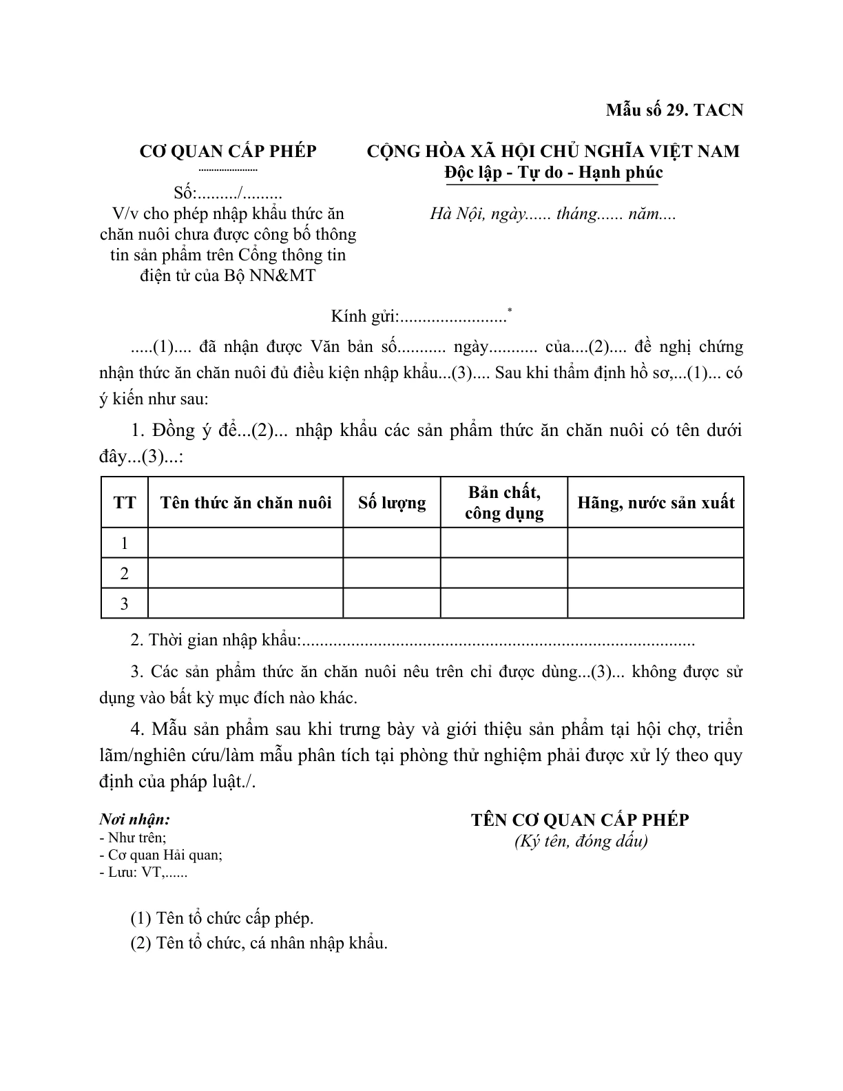 MẪU CÔNG VĂN VỀ VIỆC CHO PHÉP NHẬP KHẨU THỨC ĂN CHĂN NUÔI CHƯA ĐƯỢC CÔNG BỐ THÔNG TIN SẢN PHẨM TRÊN CỔNG THÔNG TIN ĐIỆN TỬ CỦA BỘ NN&MT