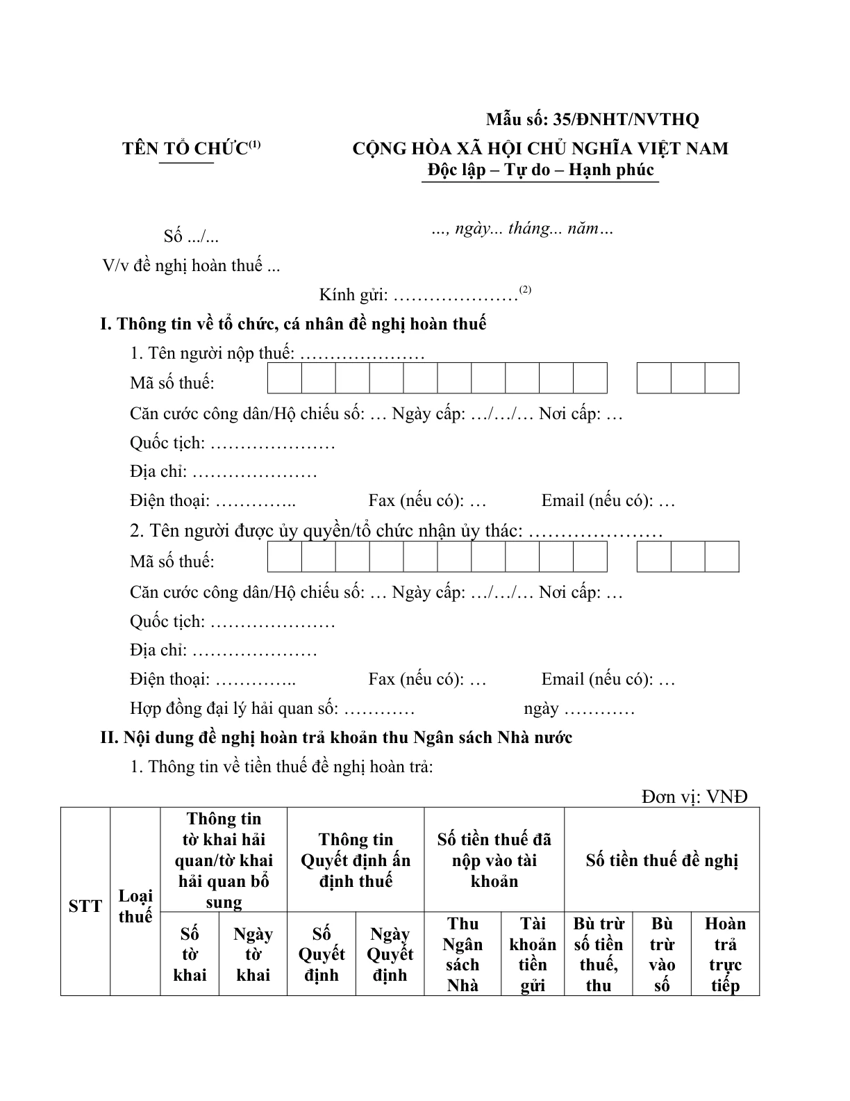 MẪU CÔNG VĂN VỀ VIỆC ĐỀ NGHỊ HOÀN THUẾ NGÀNH HẢI QUAN
