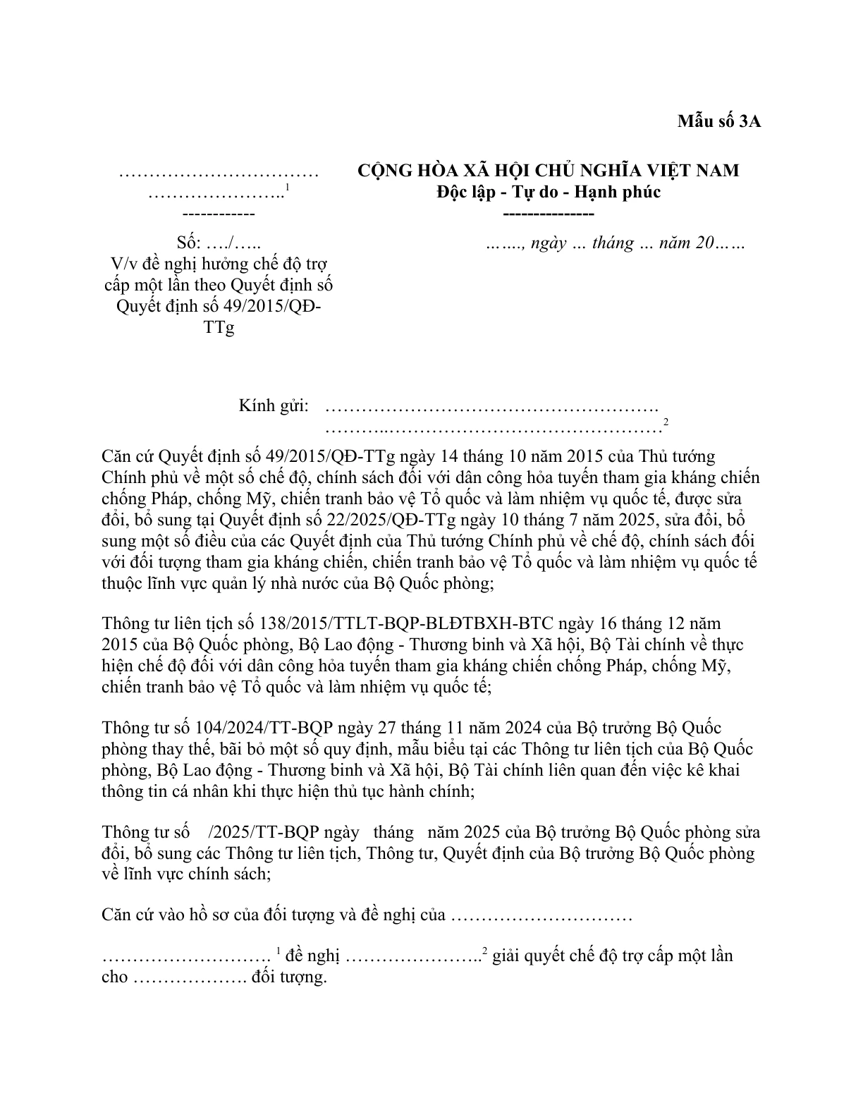 MẪU CÔNG VĂN VỀ VIỆC ĐỀ NGHỊ HƯỞNG CHẾ ĐỘ TRỢ CẤP MỘT LẦN THEO QUYẾT ĐỊNH 49/2015/QĐ-TTG