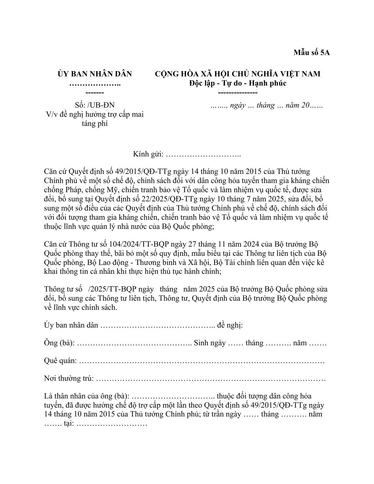 MẪU CÔNG VĂN VỀ VIỆC ĐỀ NGHỊ HƯỞNG TRỢ CẤP MAI TÁNG PHÍ THEO QUYẾT ĐỊNH 49/2015/QĐ-TTG (DÙNG CHO CẤP XÃ TRỞ LÊN)