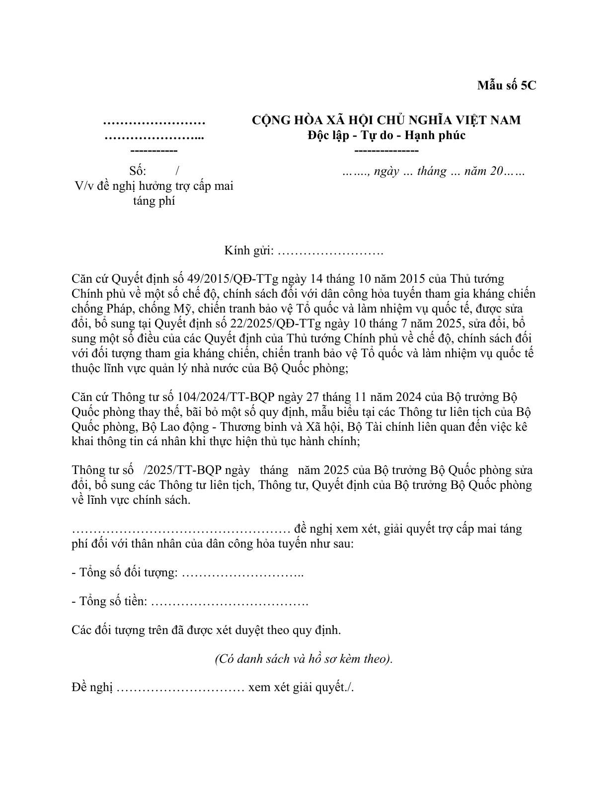 MẪU CÔNG VĂN VỀ VIỆC ĐỀ NGHỊ HƯỞNG TRỢ CẤP MAI TÁNG PHÍ THEO QUYẾT ĐỊNH 49/2015/QĐ-TTG (DÙNG CHO SỞ NỘI VỤ)