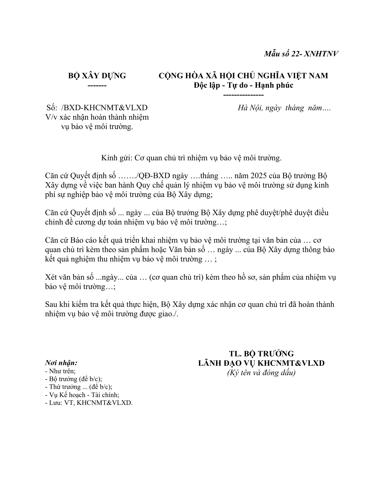 MẪU CÔNG VĂN VỀ VIỆC XÁC NHẬN HOÀN THÀNH NHIỆM VỤ BẢO VỆ MÔI TRƯỜNG CỦA BỘ XÂY DỰNG