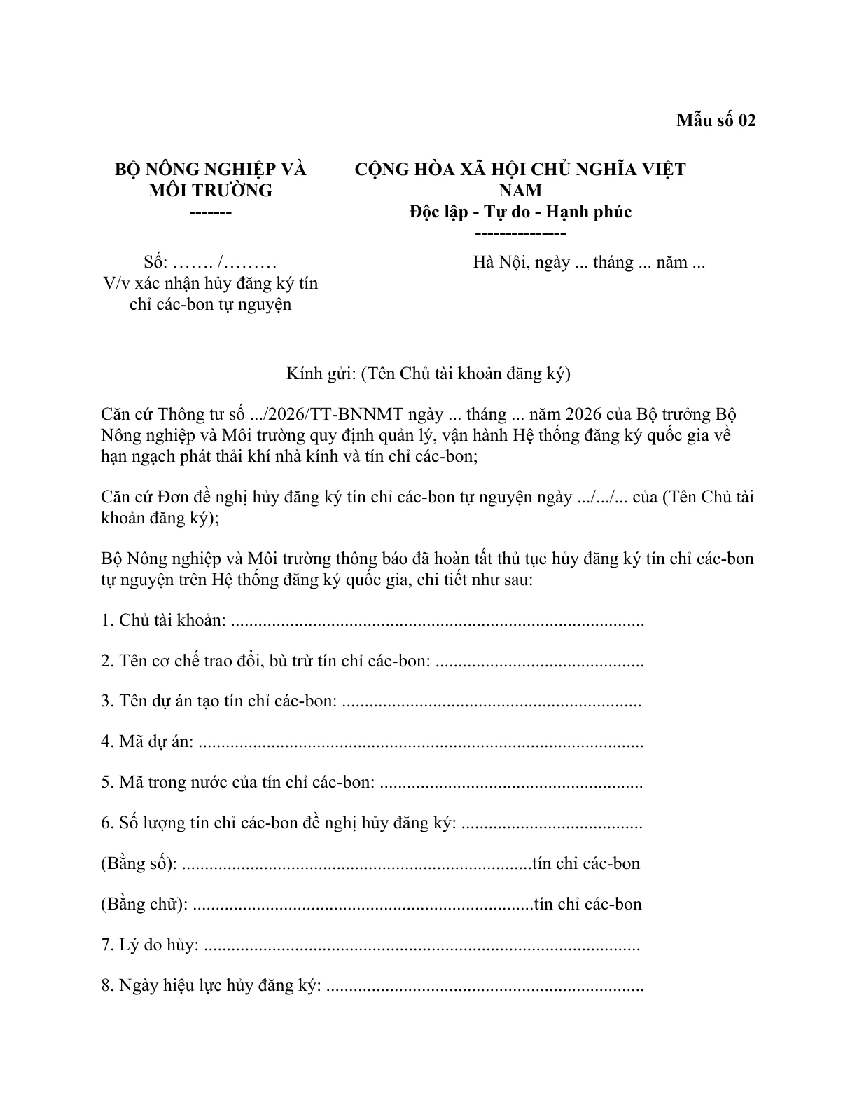 MẪU CÔNG VĂN VỀ VIỆC XÁC NHẬN HỦY ĐĂNG KÝ TÍN CHỈ CÁC-BON TỰ NGUYỆN