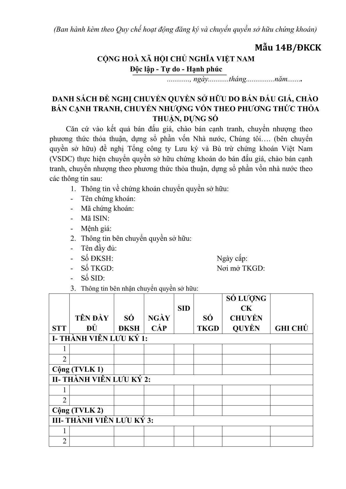 MẪU DANH SÁCH ĐỀ NGHỊ CHUYỂN QUYỀN SỞ HỮU DO BÁN ĐẤU GIÁ, CHÀO BÁN CẠNH TRANH, CHUYỂN NHƯỢNG VỐN THEO PHƯƠNG THỨC THỎA THUẬN, DỰNG SỔ