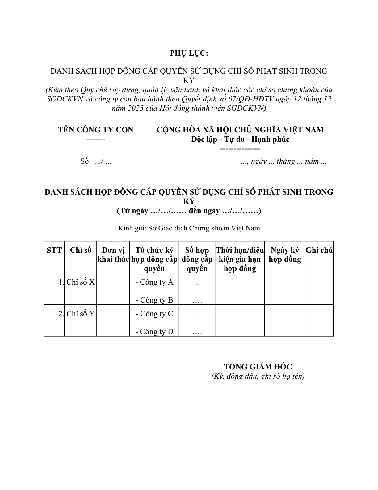 MẪU DANH SÁCH HỢP ĐỒNG CẤP QUYỀN SỬ DỤNG CHỈ SỐ PHÁT SINH TRONG KỲ CỦA SỞ GIAO DỊCH CHỨNG KHOÁN VIỆT NAM