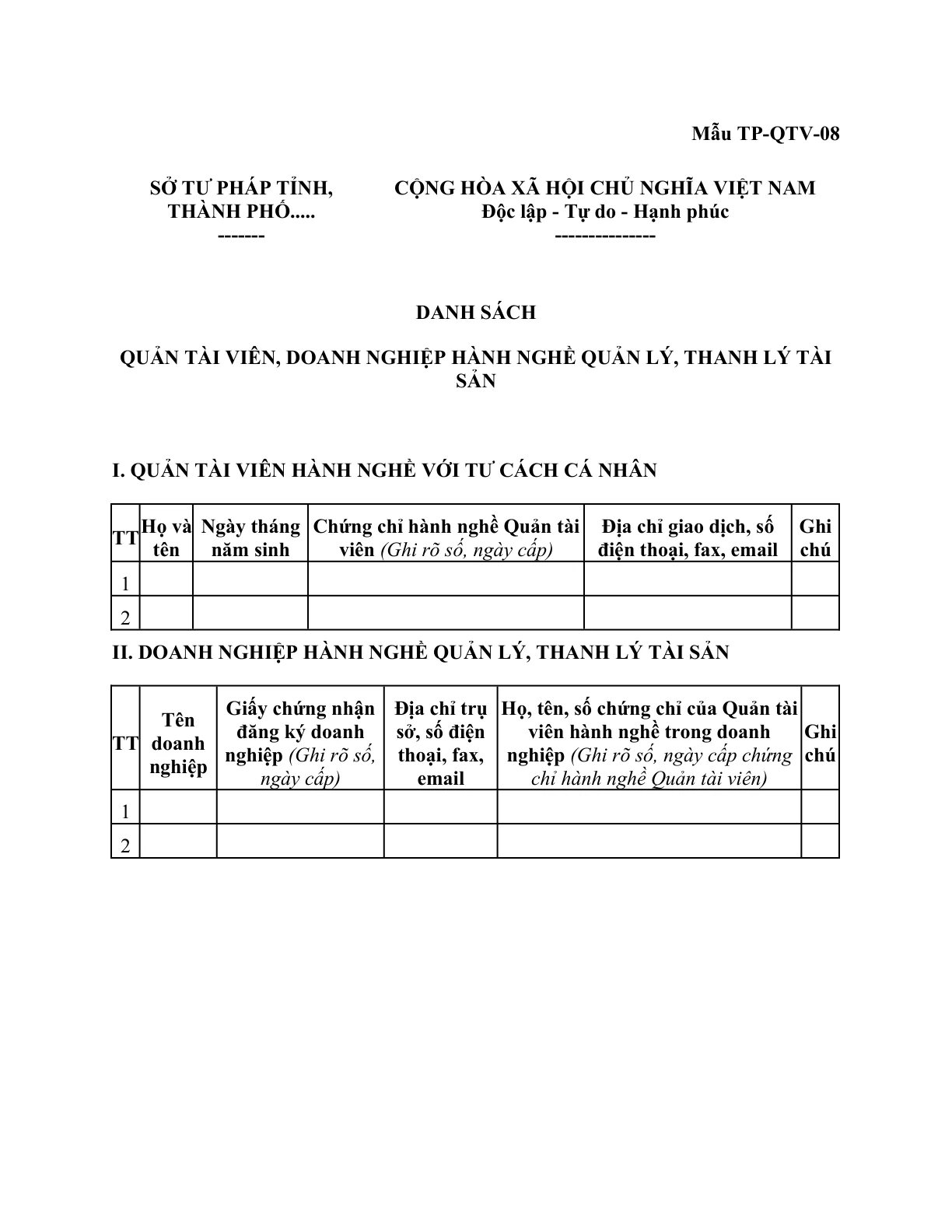 MẪU DANH SÁCH QUẢN TÀI VIÊN, DOANH NGHIỆP HÀNH NGHỀ QUẢN LÝ, THANH LÝ TÀI SẢN