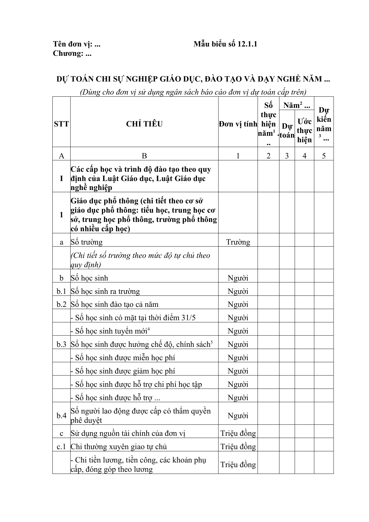 MẪU DỰ TOÁN CHI SỰ NGHIỆP GIÁO DỤC, ĐÀO TẠO VÀ DẠY NGHỀ (DÙNG CHO ĐƠN VỊ SỬ DỤNG NGÂN SÁCH BÁO CÁO ĐƠN VỊ DỰ TOÁN CẤP TRÊN)