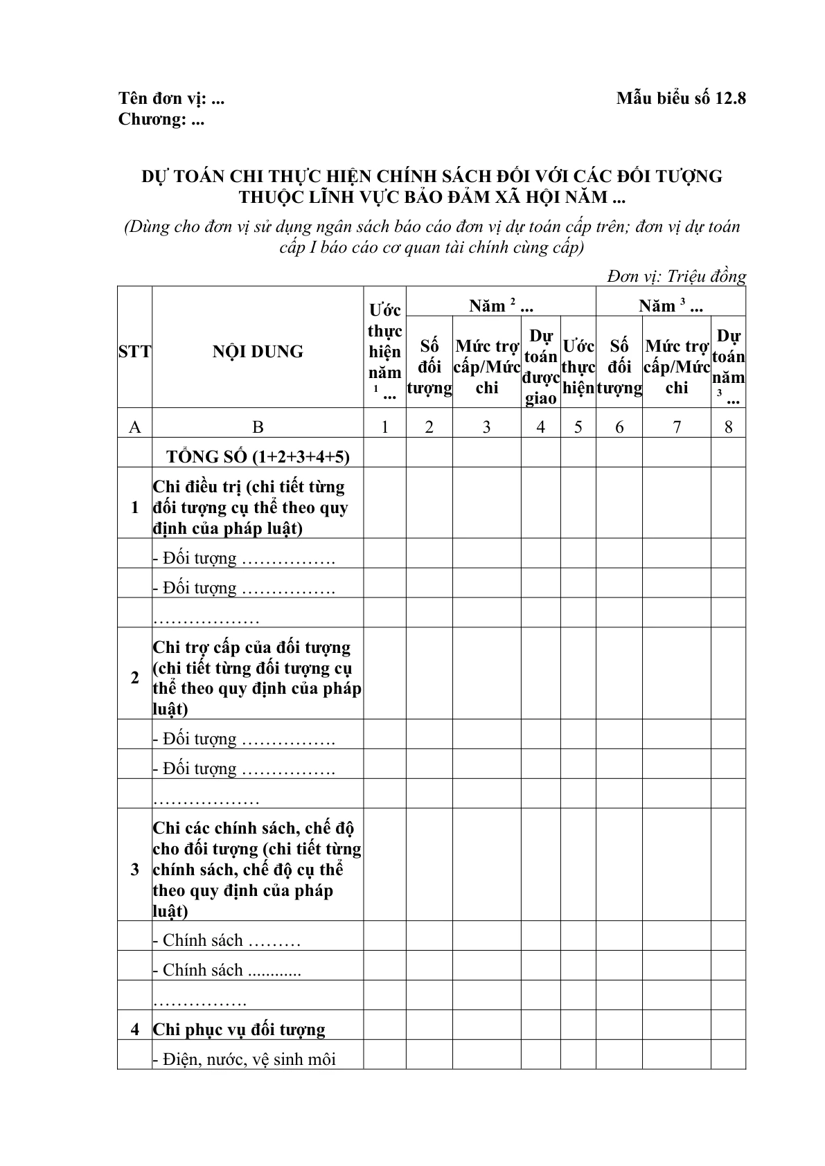 MẪU DỰ TOÁN CHI THỰC HIỆN CHÍNH SÁCH ĐỐI VỚI CÁC ĐỐI TƯỢNG THUỘC LĨNH VỰC BẢO ĐẢM XÃ HỘI (DÙNG CHO ĐƠN VỊ SỬ DỤNG NGÂN SÁCH BÁO CÁO ĐƠN VỊ DỰ TOÁN CẤP TRÊN; ĐƠN VỊ DỰ TOÁN CẤP I BÁO CÁO CƠ QUAN TÀI CHÍNH CÙNG CẤP)