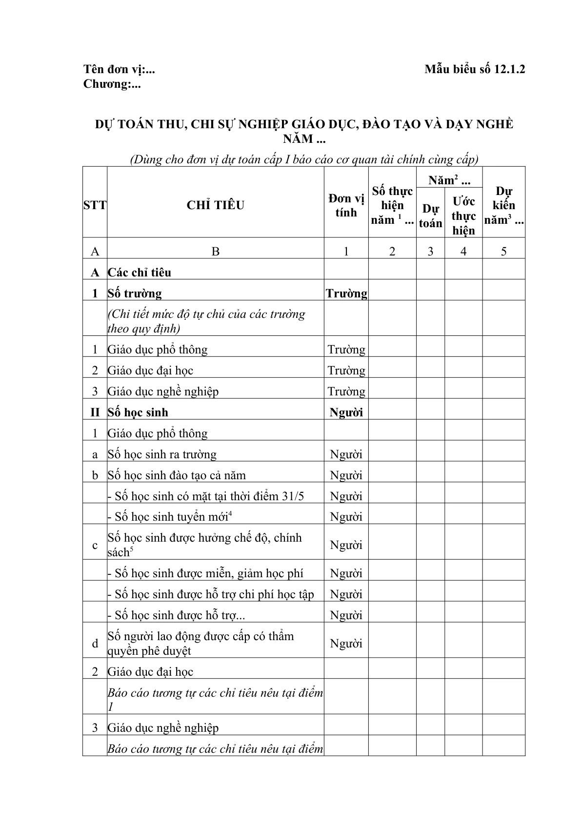 MẪU DỰ TOÁN THU, CHI SỰ NGHIỆP GIÁO DỤC, ĐÀO TẠO VÀ DẠY NGHỀ (DÙNG CHO ĐƠN VỊ DỰ TOÁN CẤP I BÁO CÁO CƠ QUAN TÀI CHÍNH CÙNG CẤP)