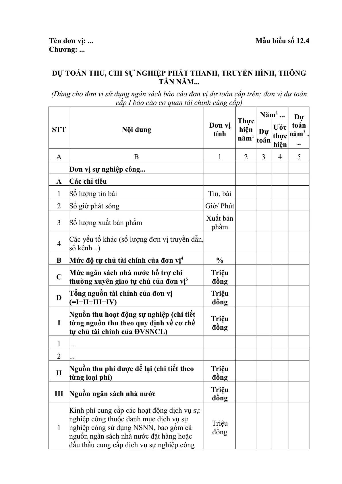 MẪU DỰ TOÁN THU, CHI SỰ NGHIỆP PHÁT THANH, TRUYỀN HÌNH, THÔNG TẤN (DÙNG CHO ĐƠN VỊ SỬ DỤNG NGÂN SÁCH BÁO CÁO ĐƠN VỊ DỰ TOÁN CẤP TRÊN; ĐƠN VỊ DỰ TOÁN CẤP I BÁO CÁO CƠ QUAN TÀI CHÍNH CÙNG CẤP)